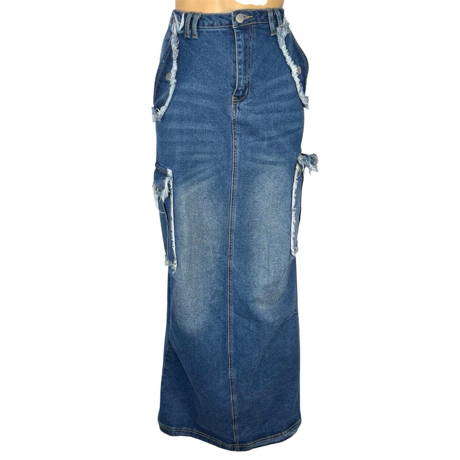 Fashion Nova Women Cotton Dark Wash Denim Maxi Cargo Skirt Size M Pocket