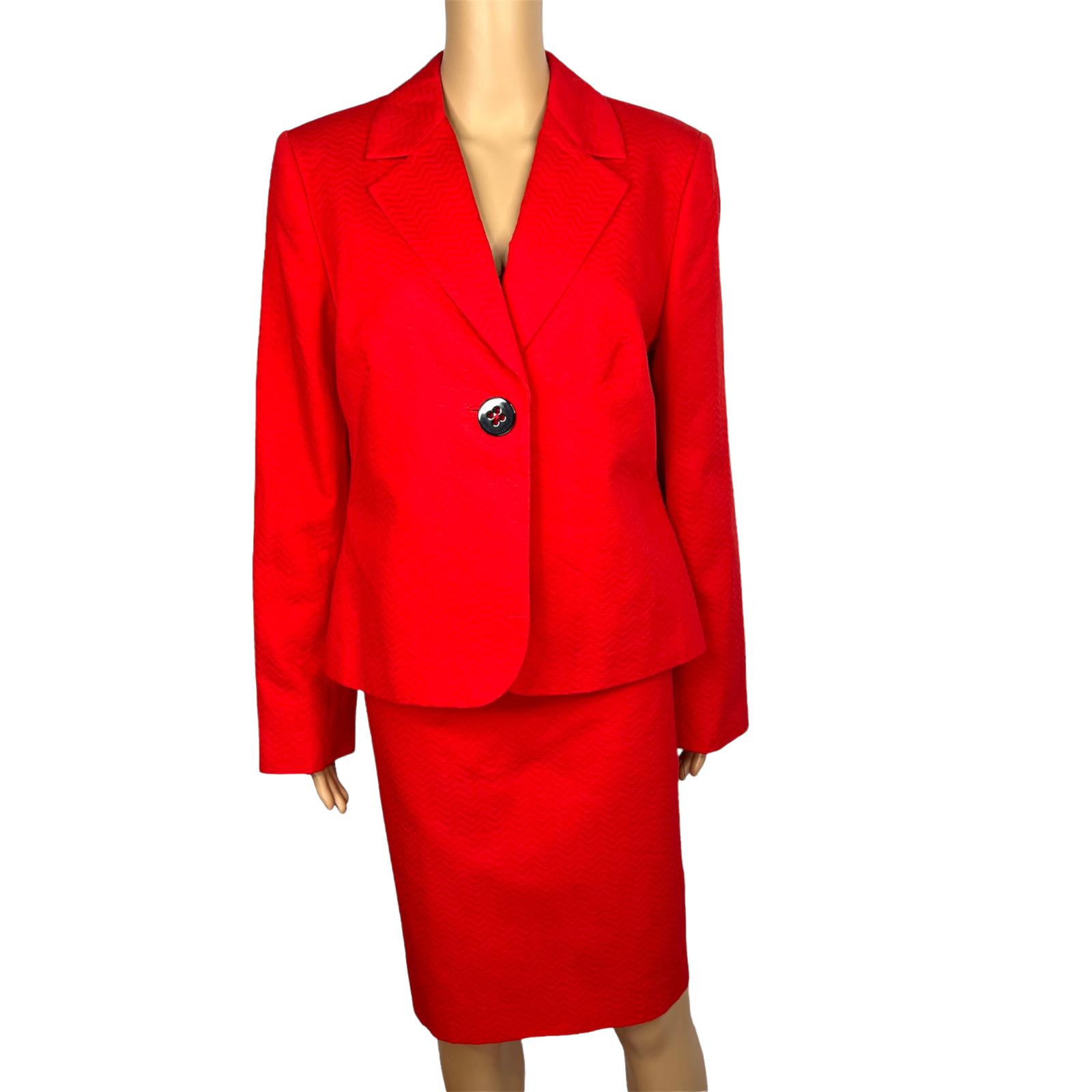 Calvin Klein Cotton Polyester Skirt Suit Size 14 Red Lined Notch Collar 2PC New