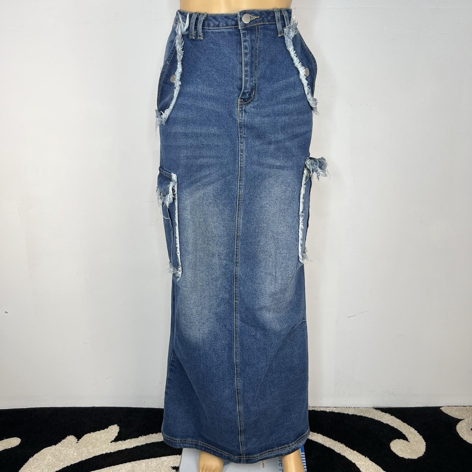Fashion Nova Women Cotton Dark Wash Denim Maxi Cargo Skirt Size M Pocket