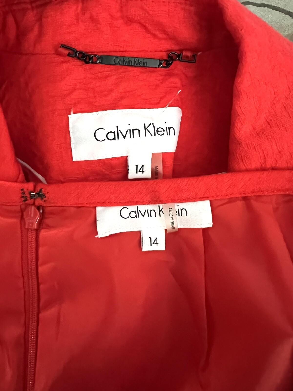 Calvin Klein Cotton Polyester Skirt Suit Size 14 Red Lined Notch Collar 2PC New