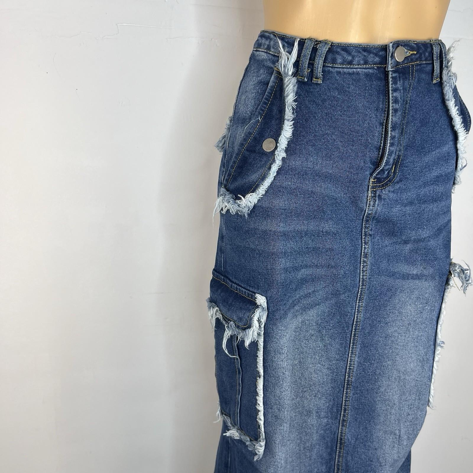 Fashion Nova Women Cotton Dark Wash Denim Maxi Cargo Skirt Size M Pocket
