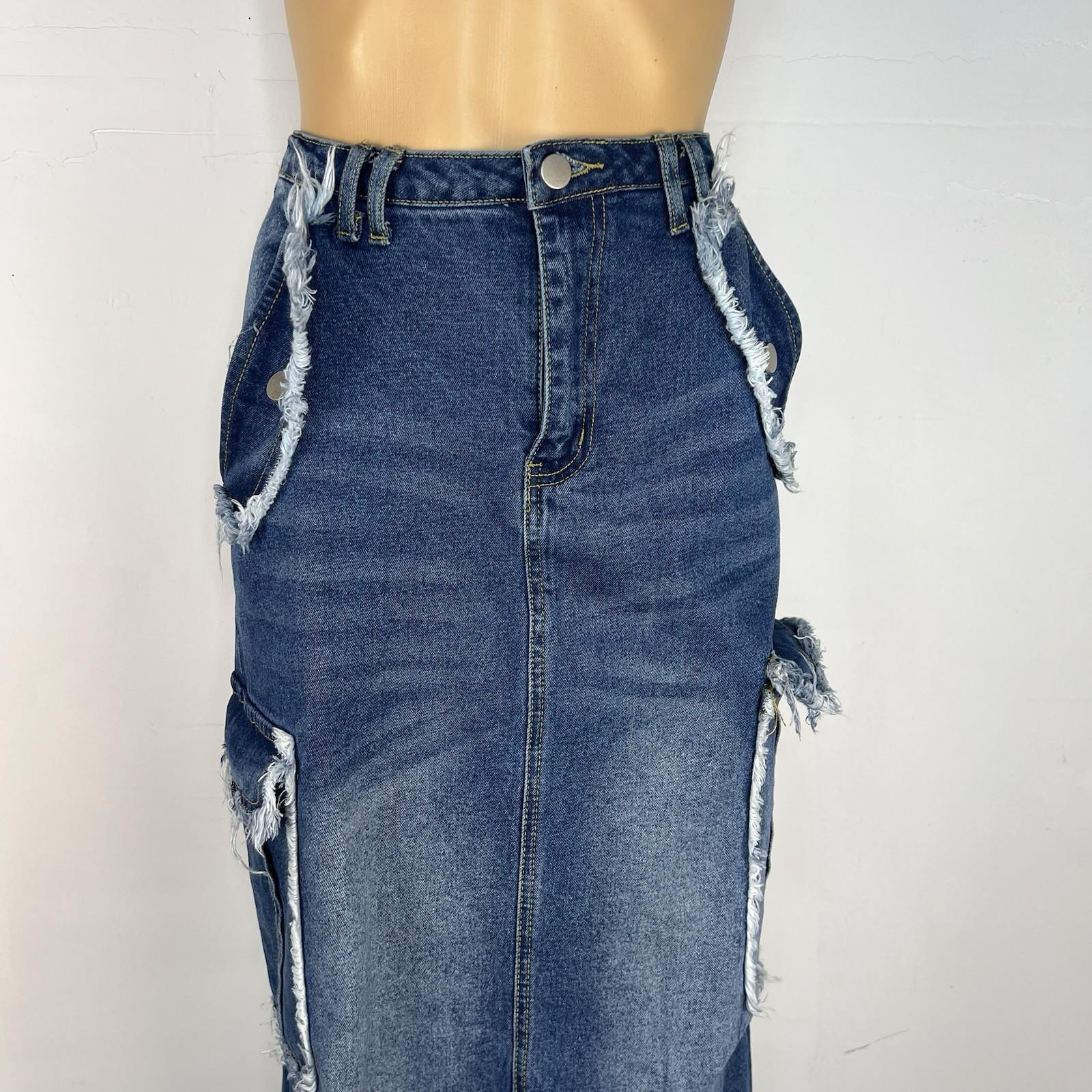 Fashion Nova Women Cotton Dark Wash Denim Maxi Cargo Skirt Size M Pocket