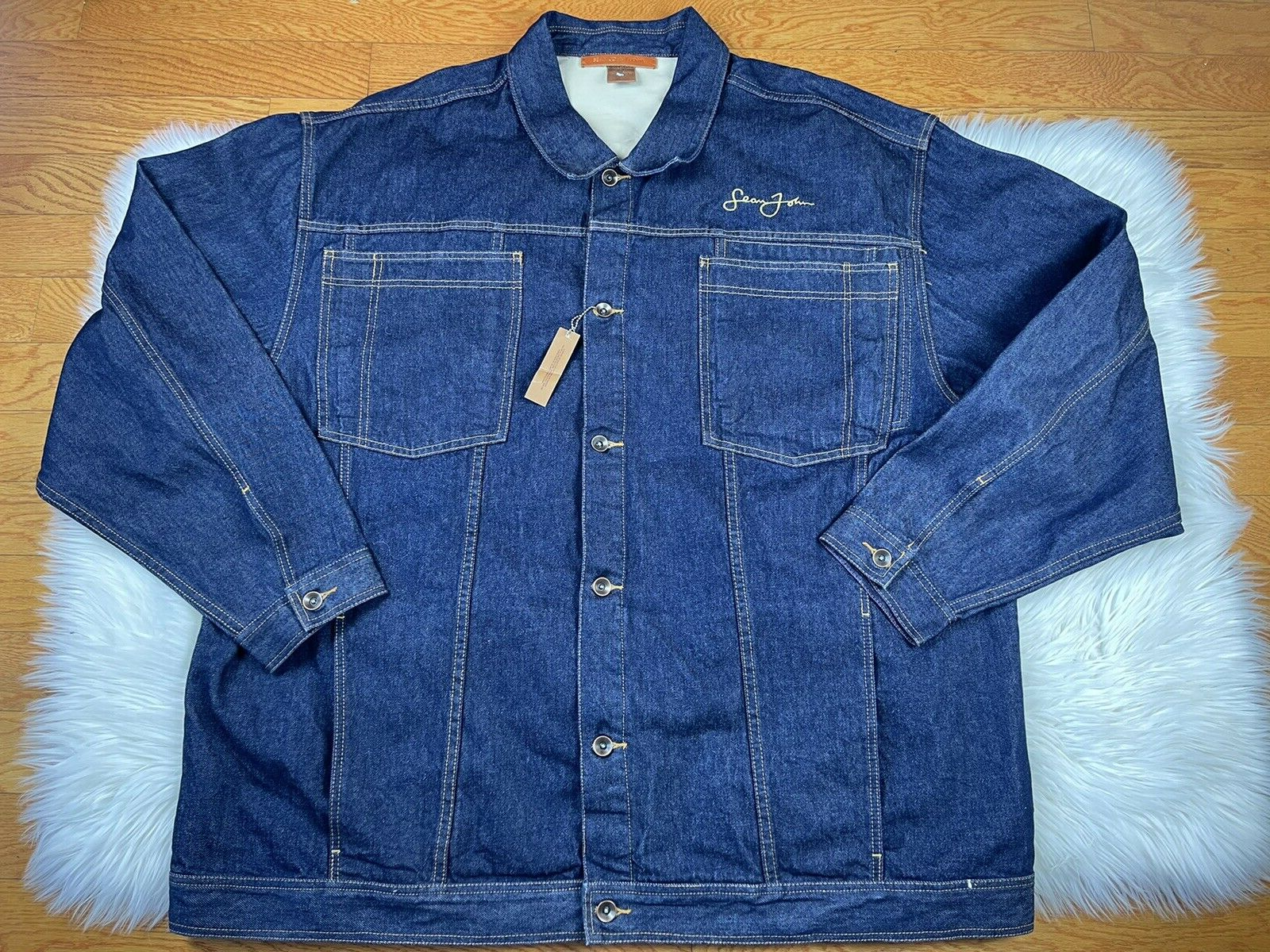 Sean John Men Cotton Denim Jeans Jacket Size 6XB Blue Button Up Collared Hip Hop