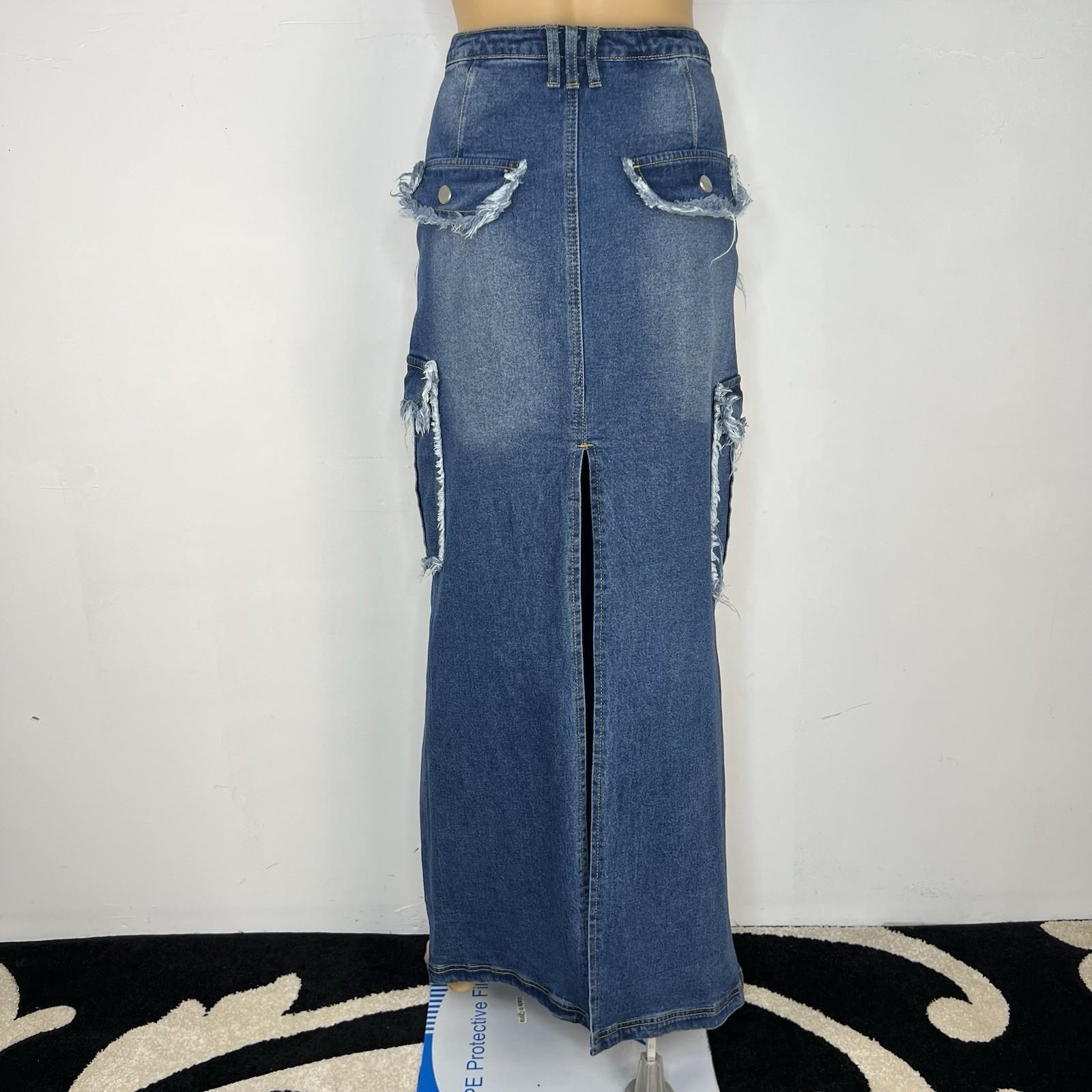 Fashion Nova Women Cotton Dark Wash Denim Maxi Cargo Skirt Size M Pocket