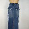 Fashion Nova Women Cotton Dark Wash Denim Maxi Cargo Skirt Size M Pocket