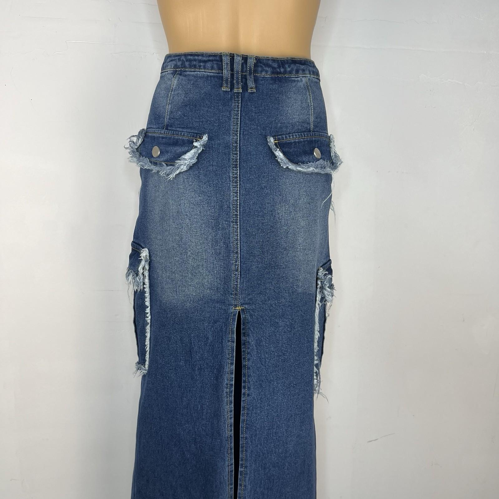 Fashion Nova Women Cotton Dark Wash Denim Maxi Cargo Skirt Size M Pocket