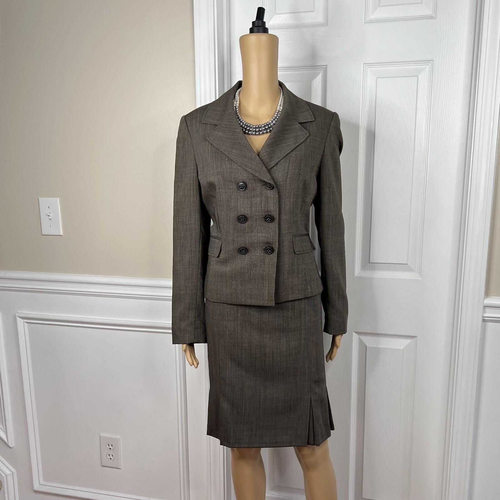 Tahari ASL Polyester Skirt 12 Suit 10 Brown Double Breasted Lined Pleated 2PC