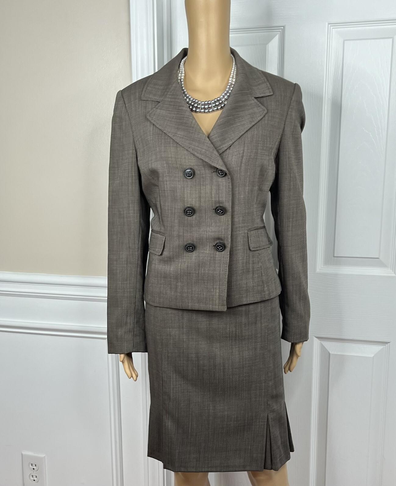 Tahari ASL Polyester Skirt 12 Suit 10 Brown Double Breasted Lined Pleated 2PC