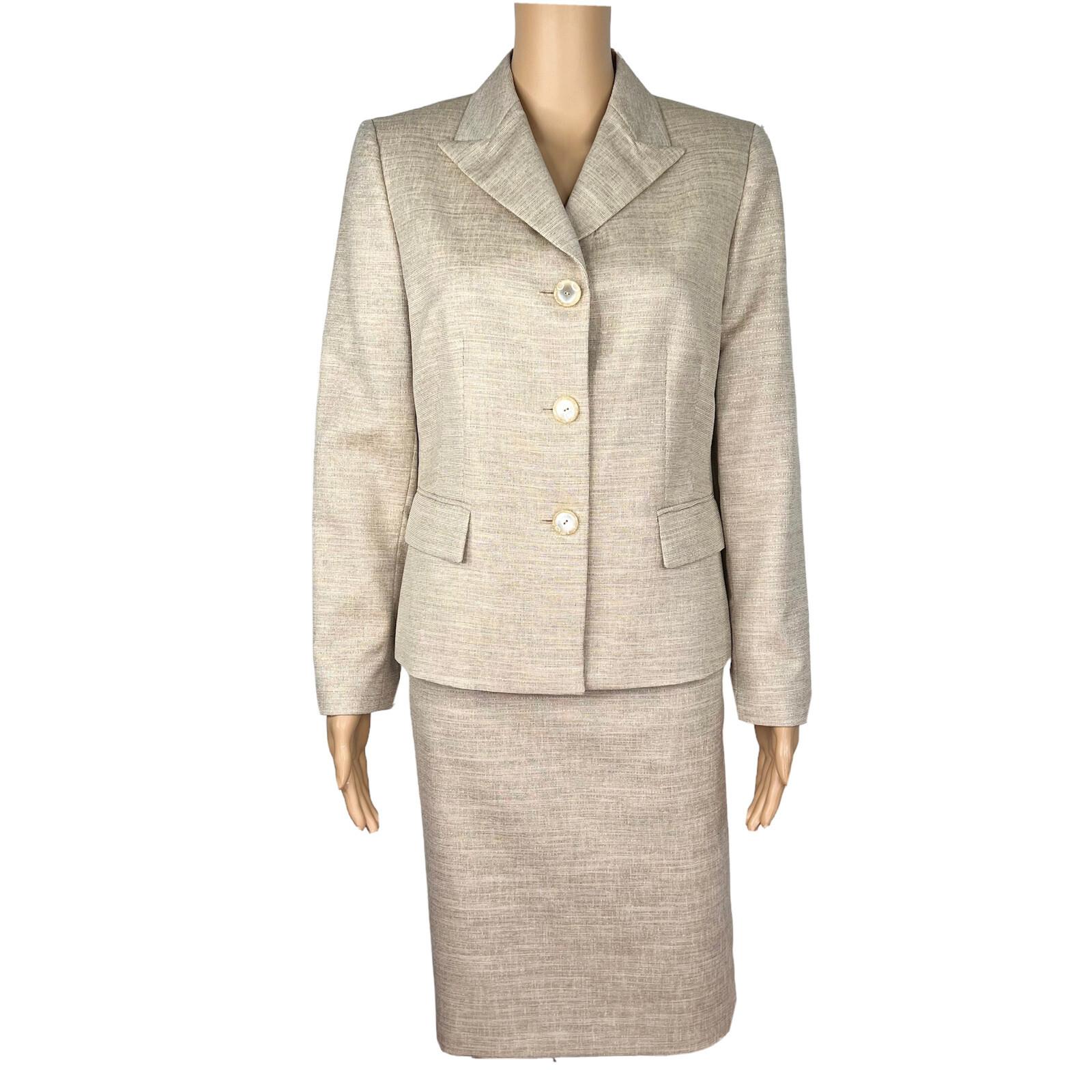 KASPER Metallic Polyester Skirt Suit Size 10P Beige Cocktail Peak Collar 2PC