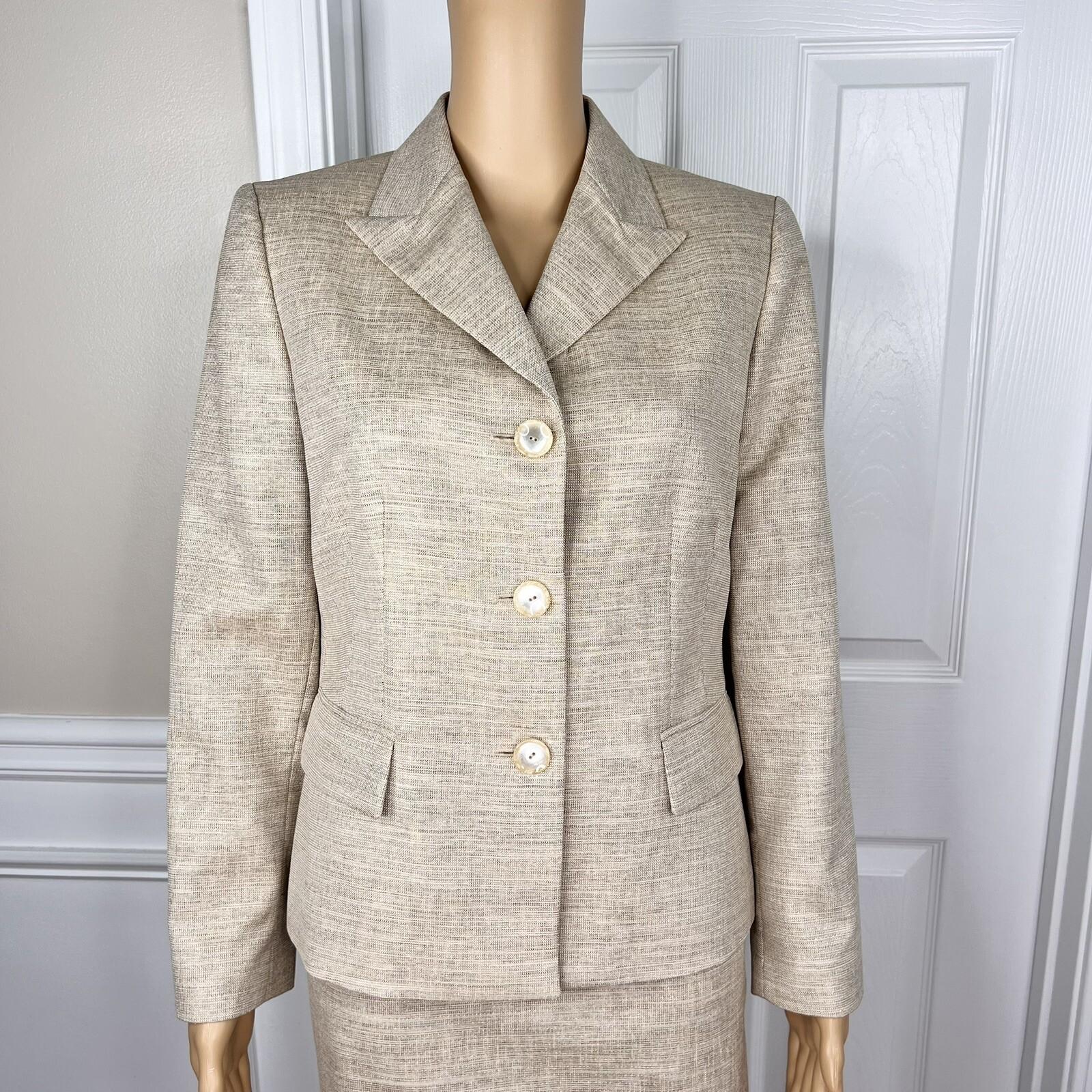 KASPER Metallic Polyester Skirt Suit Size 10P Beige Cocktail Peak Collar 2PC