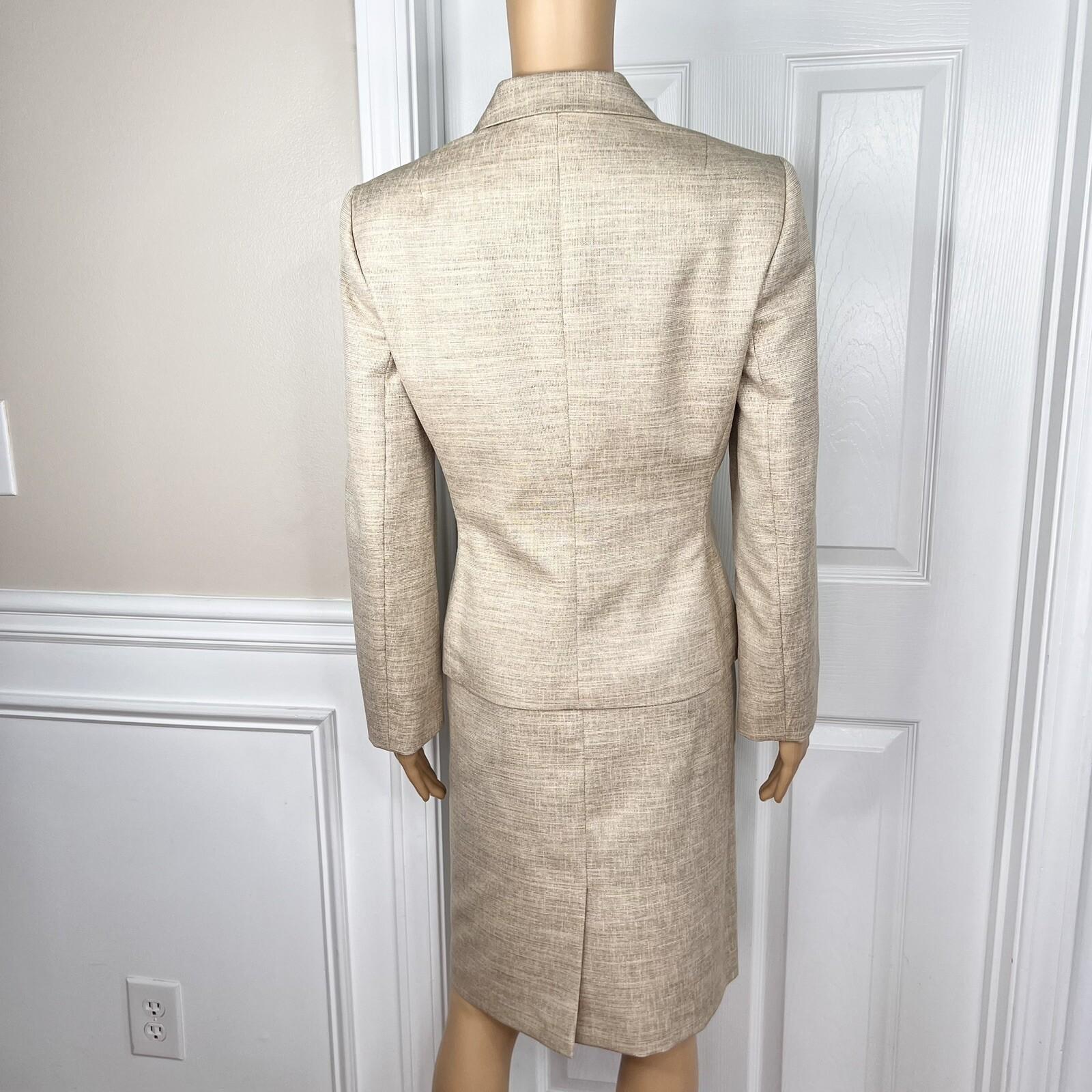 KASPER Metallic Polyester Skirt Suit Size 10P Beige Cocktail Peak Collar 2PC