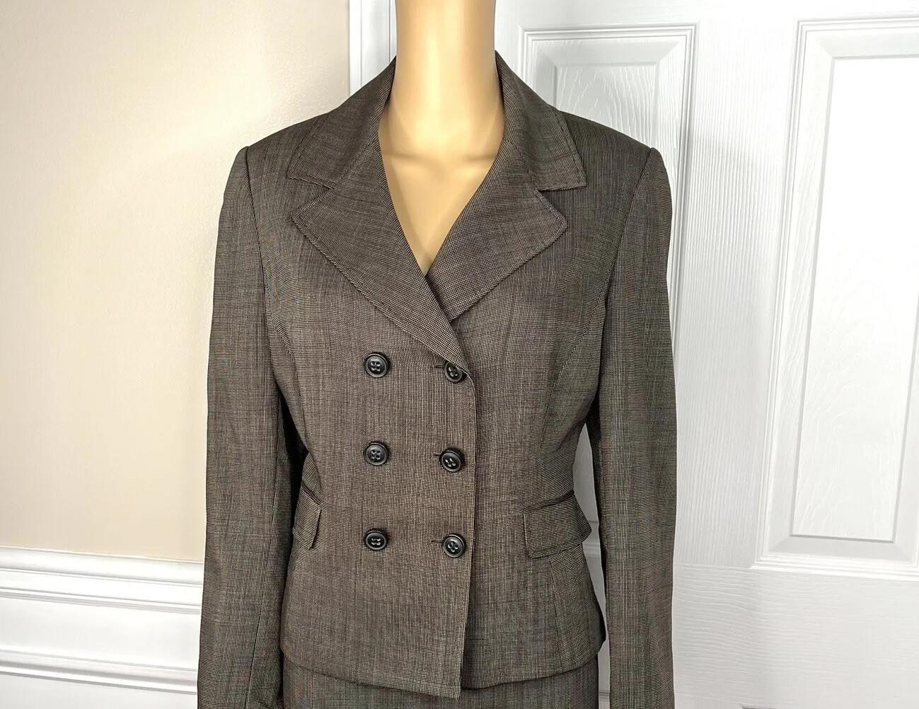Tahari ASL Polyester Skirt 12 Suit 10 Brown Double Breasted Lined Pleated 2PC