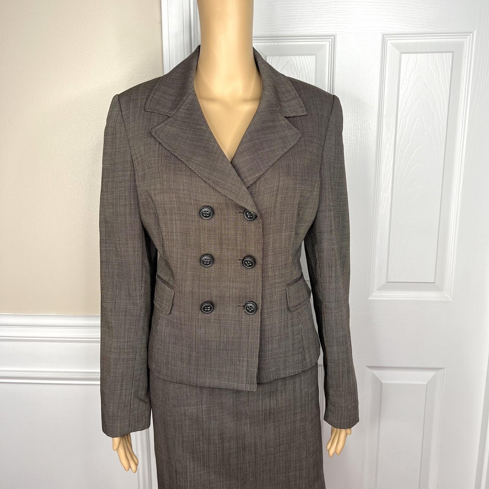 Tahari ASL Polyester Skirt 12 Suit 10 Brown Double Breasted Lined Pleated 2PC