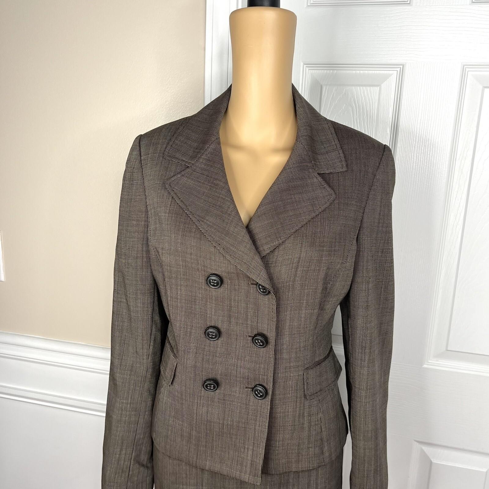 Tahari ASL Polyester Skirt 12 Suit 10 Brown Double Breasted Lined Pleated 2PC
