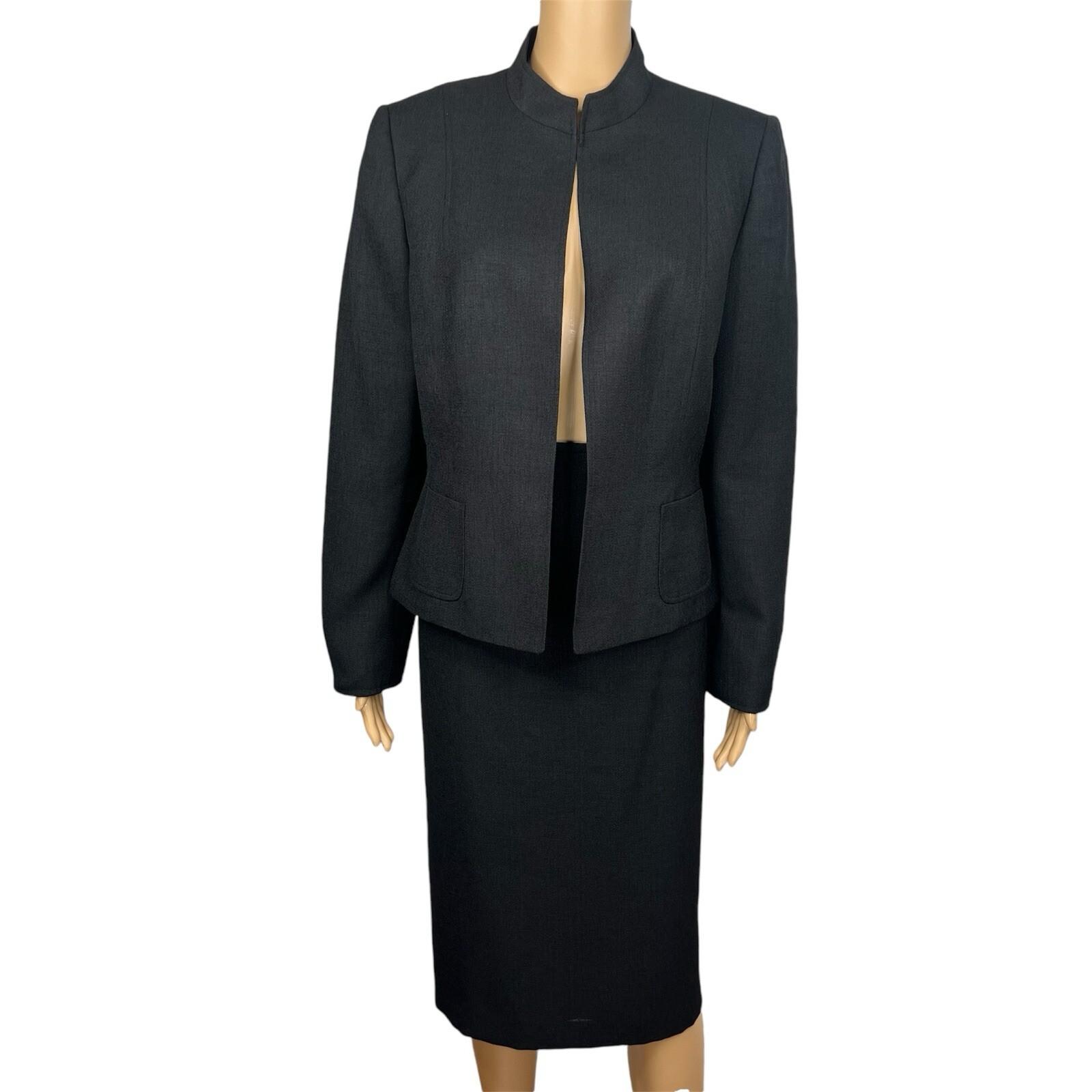 Tahari ASL Polyester Skirt Suit 12 Black Stand Collar Lined Career Cocktail 2PC