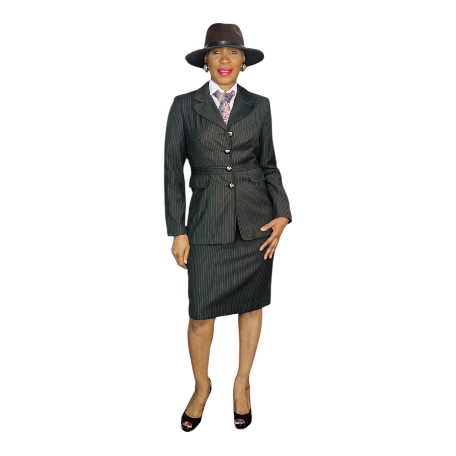 Larry Levine Polyester Rayon Stretch Suit Skirt Size 8 Brown Striped Pant 2PC