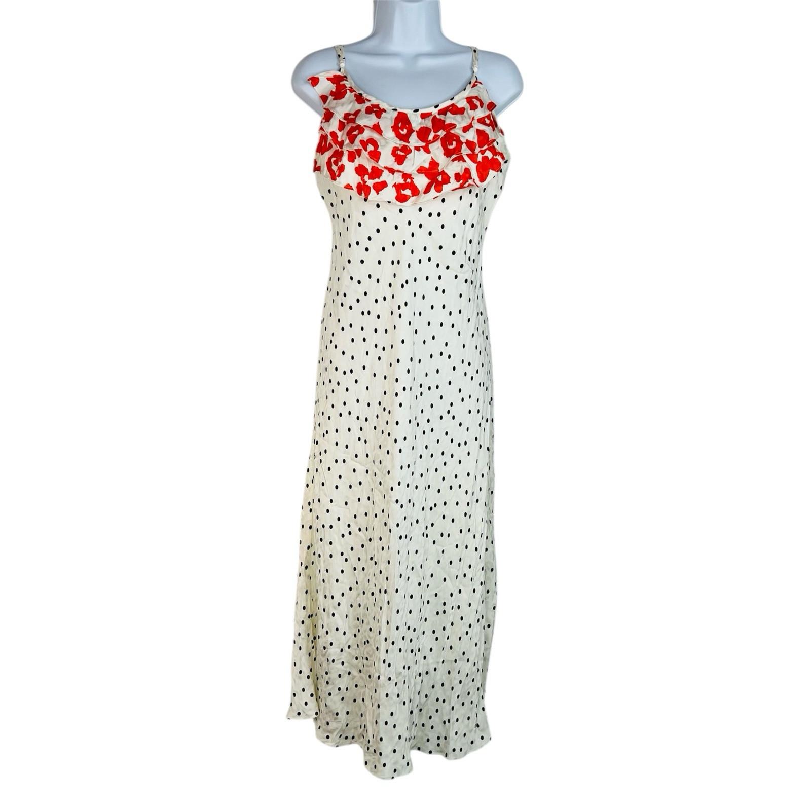 Rixo Viscose Dress M White Polka Dot Ruffle Spaghetti Strap Romantic Maxi New