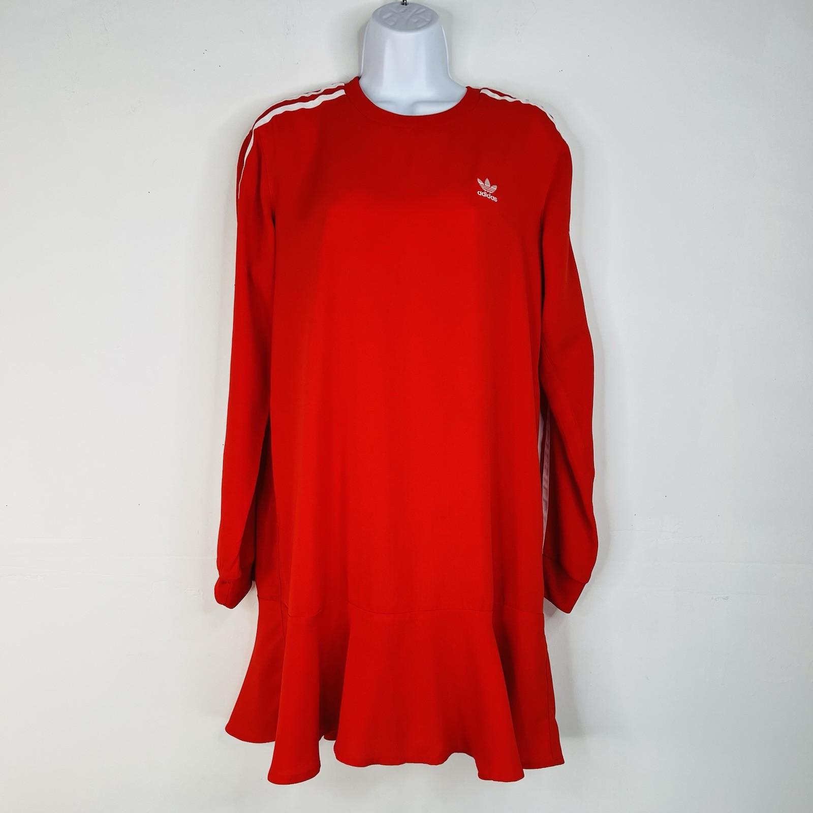 Adidas T-Shirt Dress S Red Sporty Stretchy Fitting Shift Crew Neck Tiered Hem