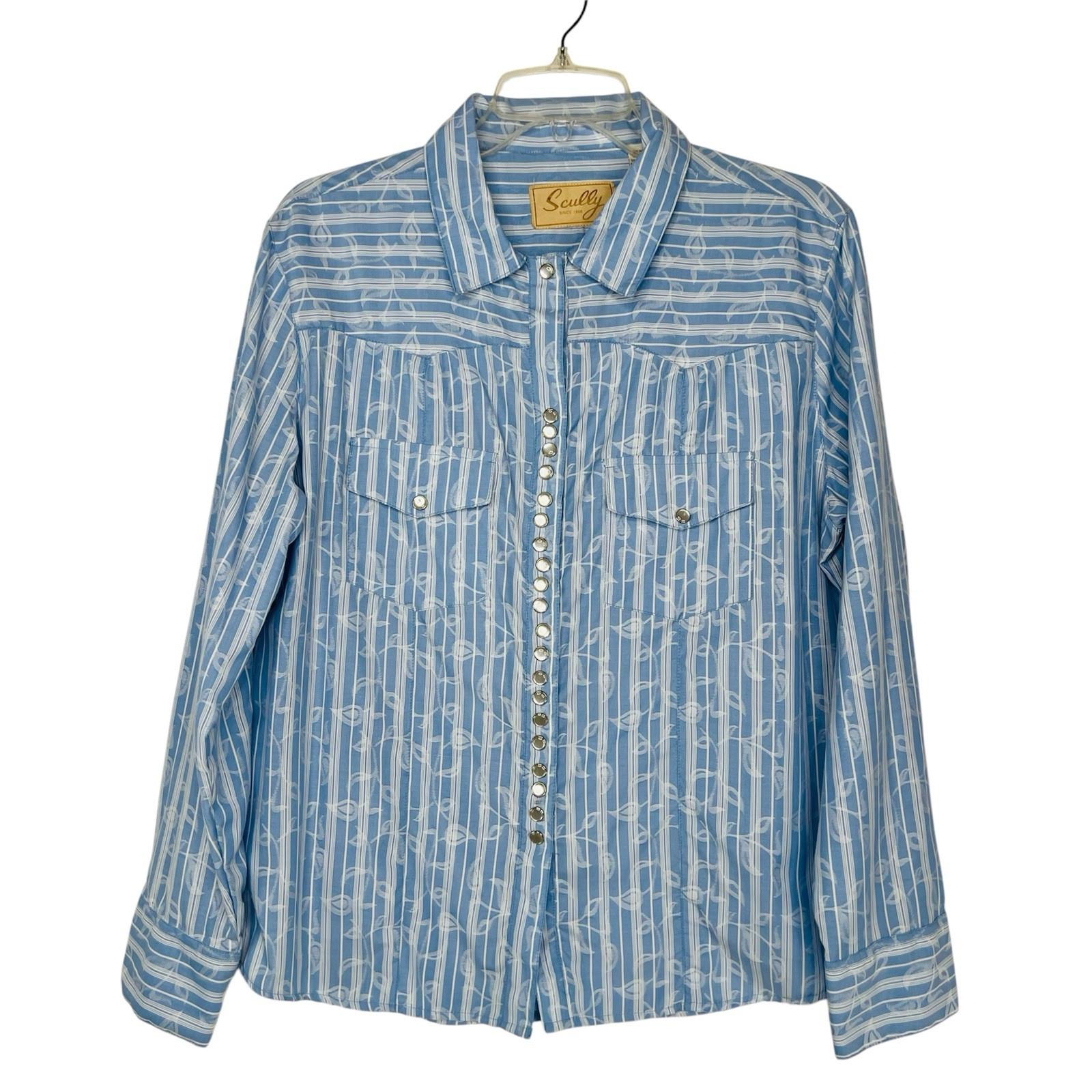 Scully Women Shirt Size XL Pearl Snap Western Cowgirl Rodeo Blue Striped Floral