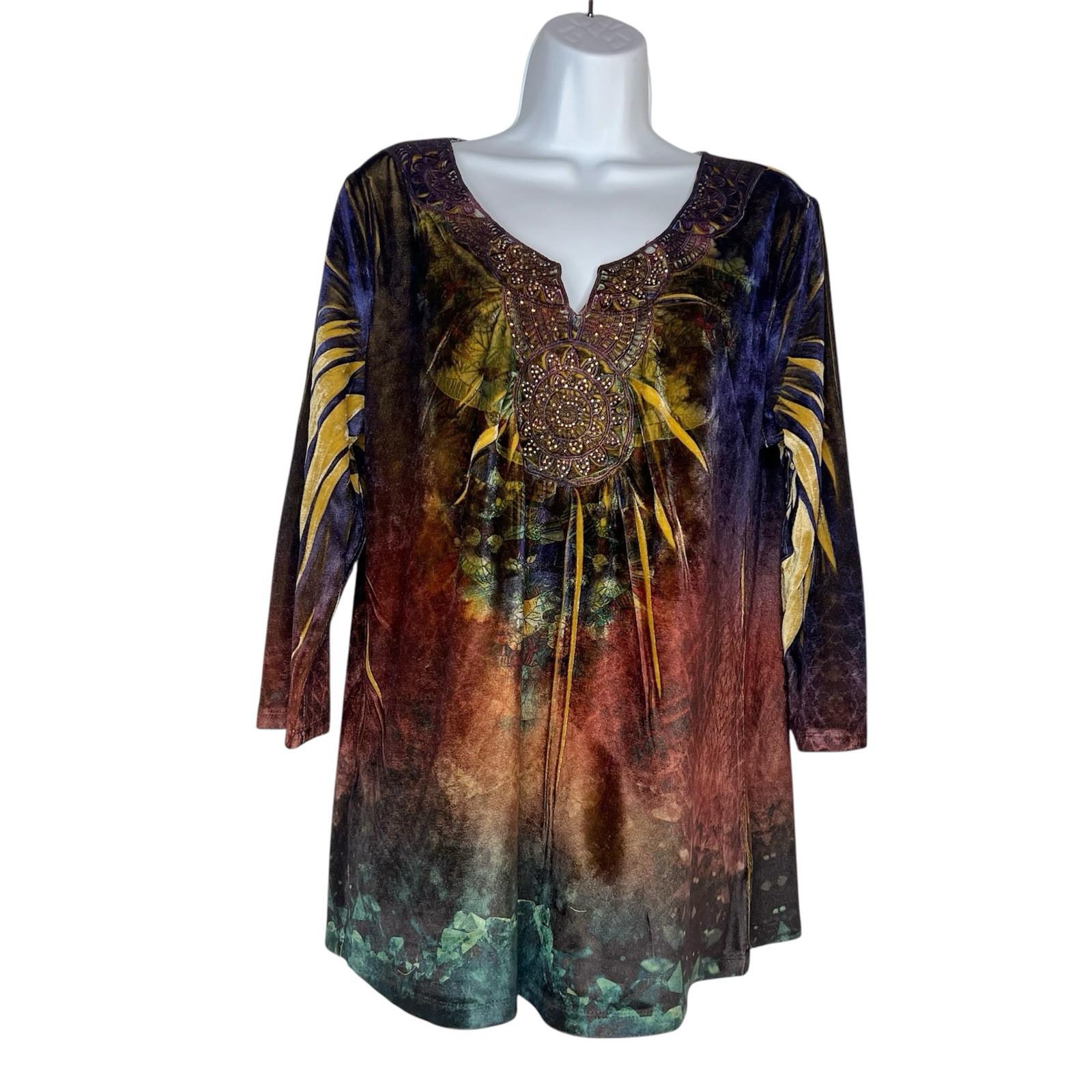 One World Tunic Top Size XL Sublimation Boho Velvet Studded Art Fairy Grunge