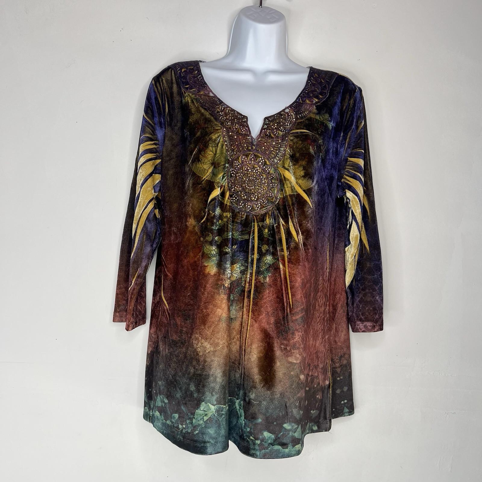One World Tunic Top Size XL Sublimation Boho Velvet Studded Art Fairy Grunge