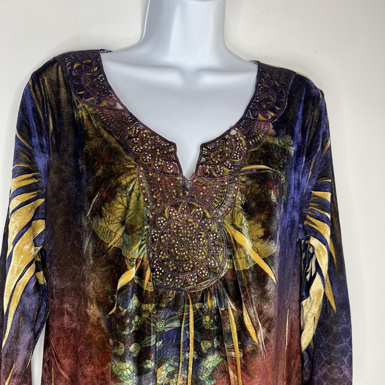 One World Tunic Top Size XL Sublimation Boho Velvet Studded Art Fairy Grunge