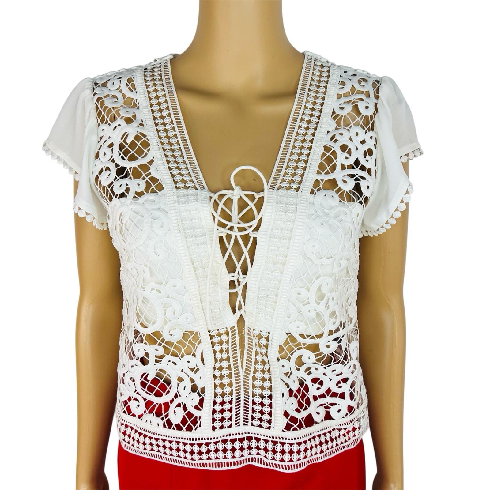Express Top S Off White Embroidered Open Lace Cap Sleeves V Neck Tie Romantic