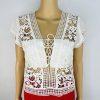 Express Top S Off White Embroidered Open Lace Cap Sleeves V Neck Tie Romantic