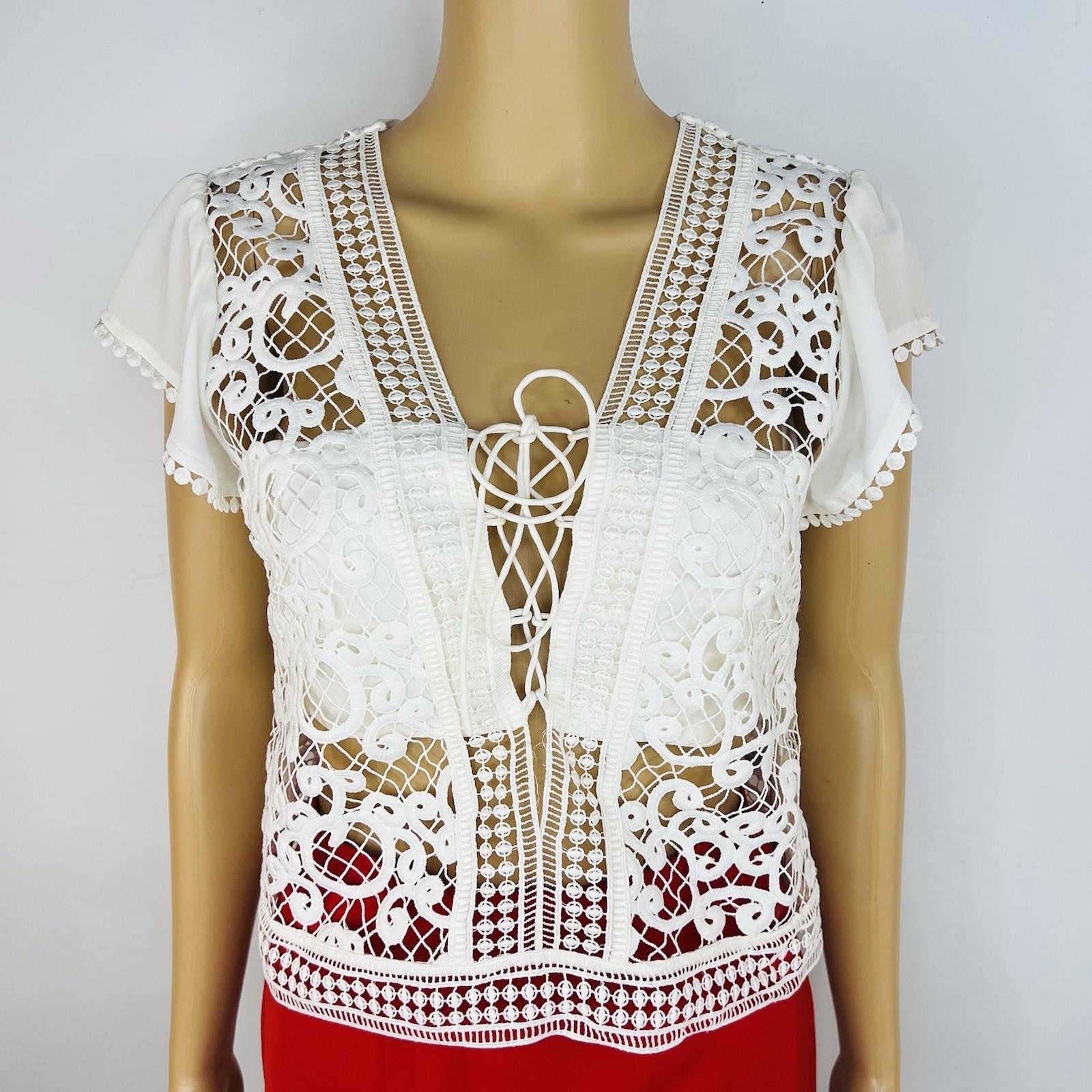Express Top S Off White Embroidered Open Lace Cap Sleeves V Neck Tie Romantic