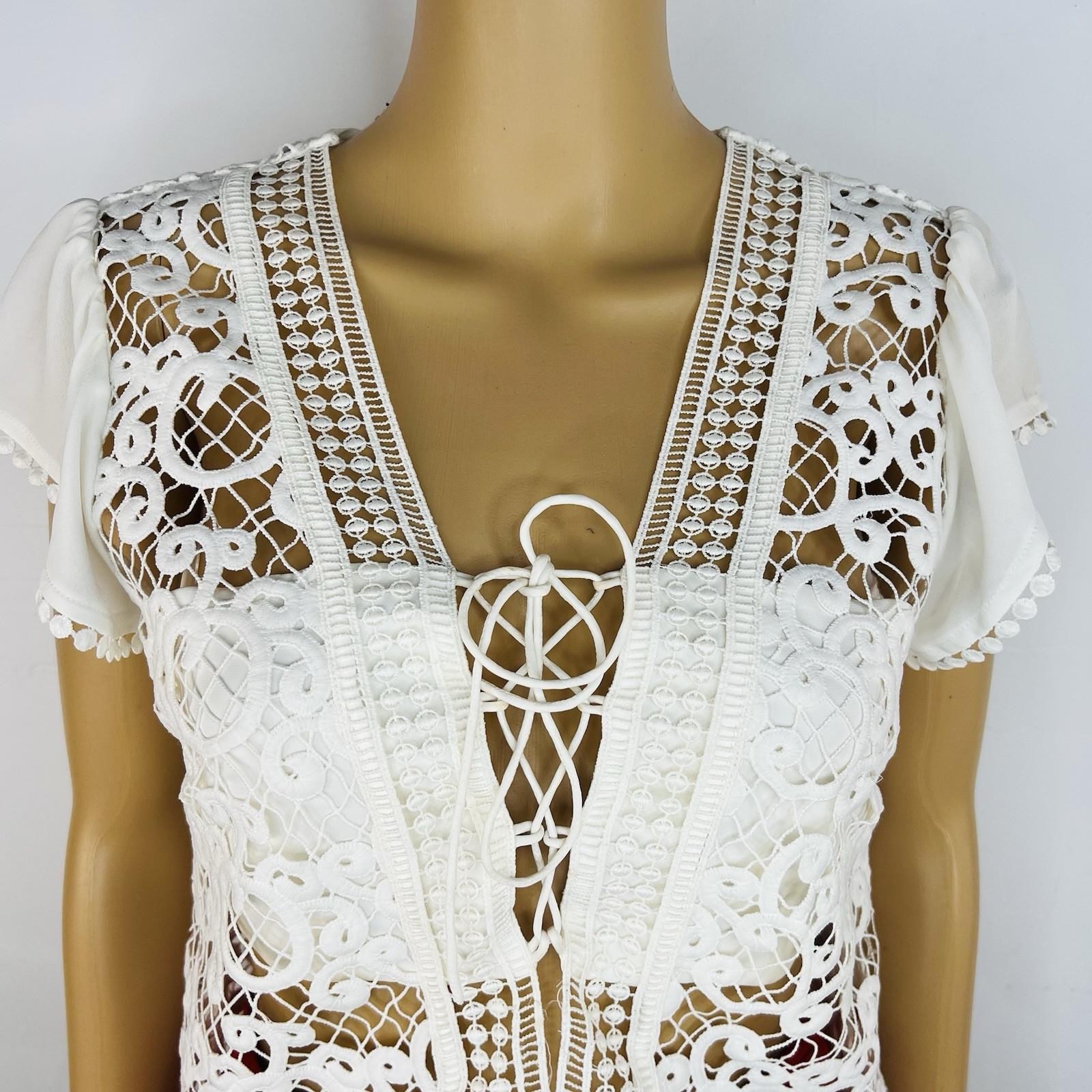 Express Top S Off White Embroidered Open Lace Cap Sleeves V Neck Tie Romantic
