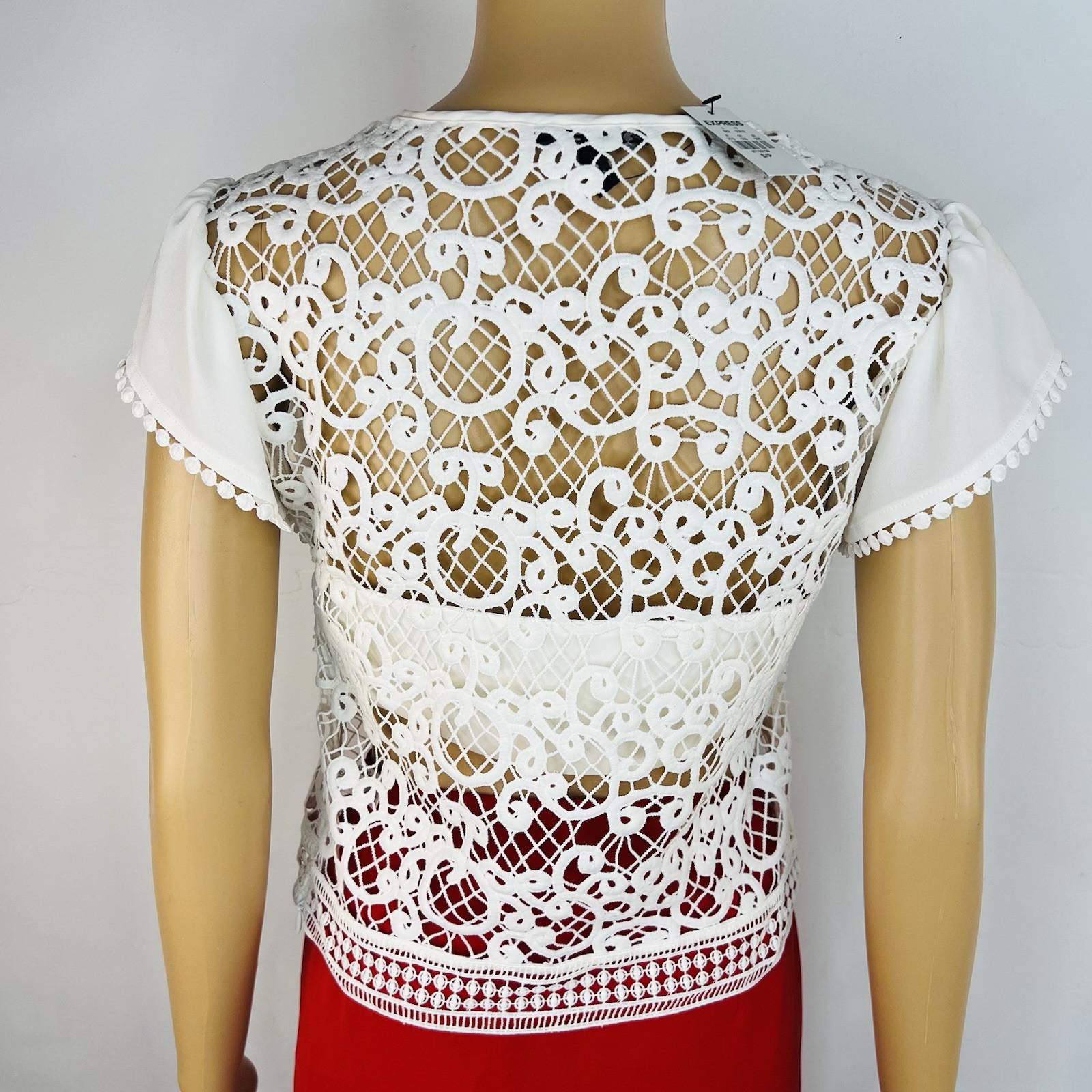 Express Top S Off White Embroidered Open Lace Cap Sleeves V Neck Tie Romantic