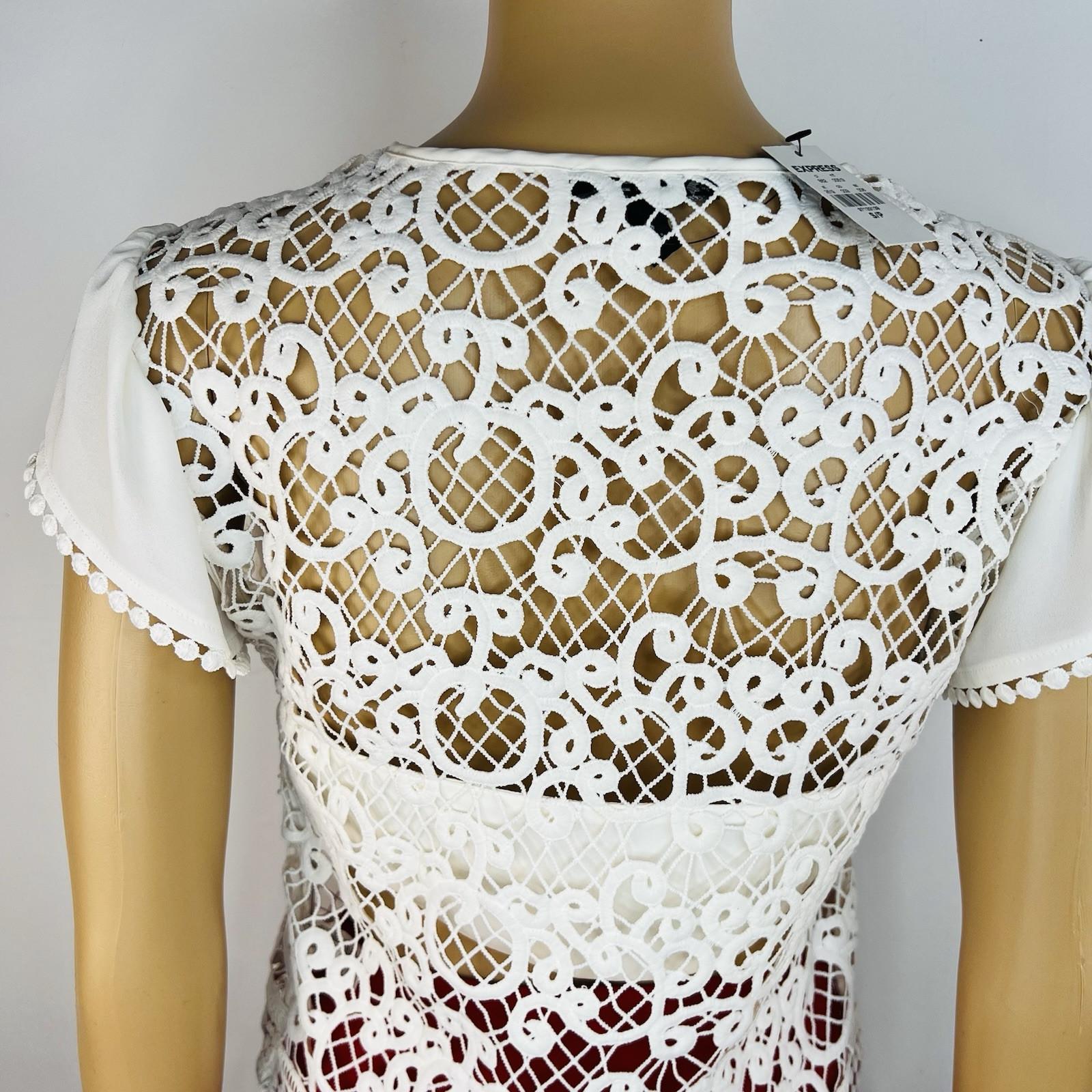 Express Top S Off White Embroidered Open Lace Cap Sleeves V Neck Tie Romantic