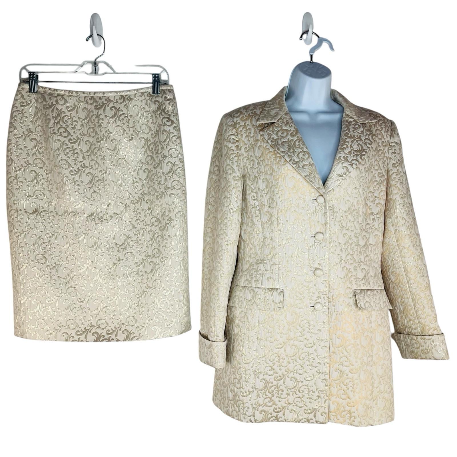 John Meyer Polyester Rayon Metallic Skirt Suit Size 10 Gold Floral Cocktail