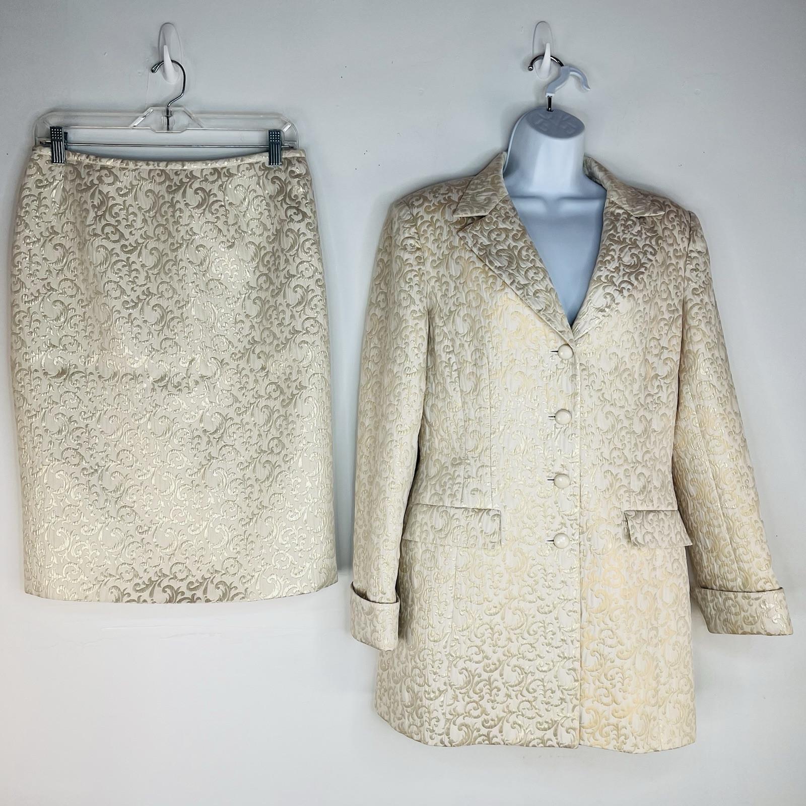 John Meyer Polyester Rayon Metallic Skirt Suit Size 10 Gold Floral Cocktail