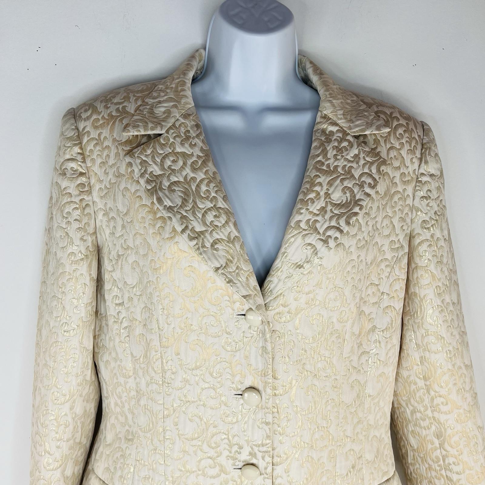 John Meyer Polyester Rayon Metallic Skirt Suit Size 10 Gold Floral Cocktail
