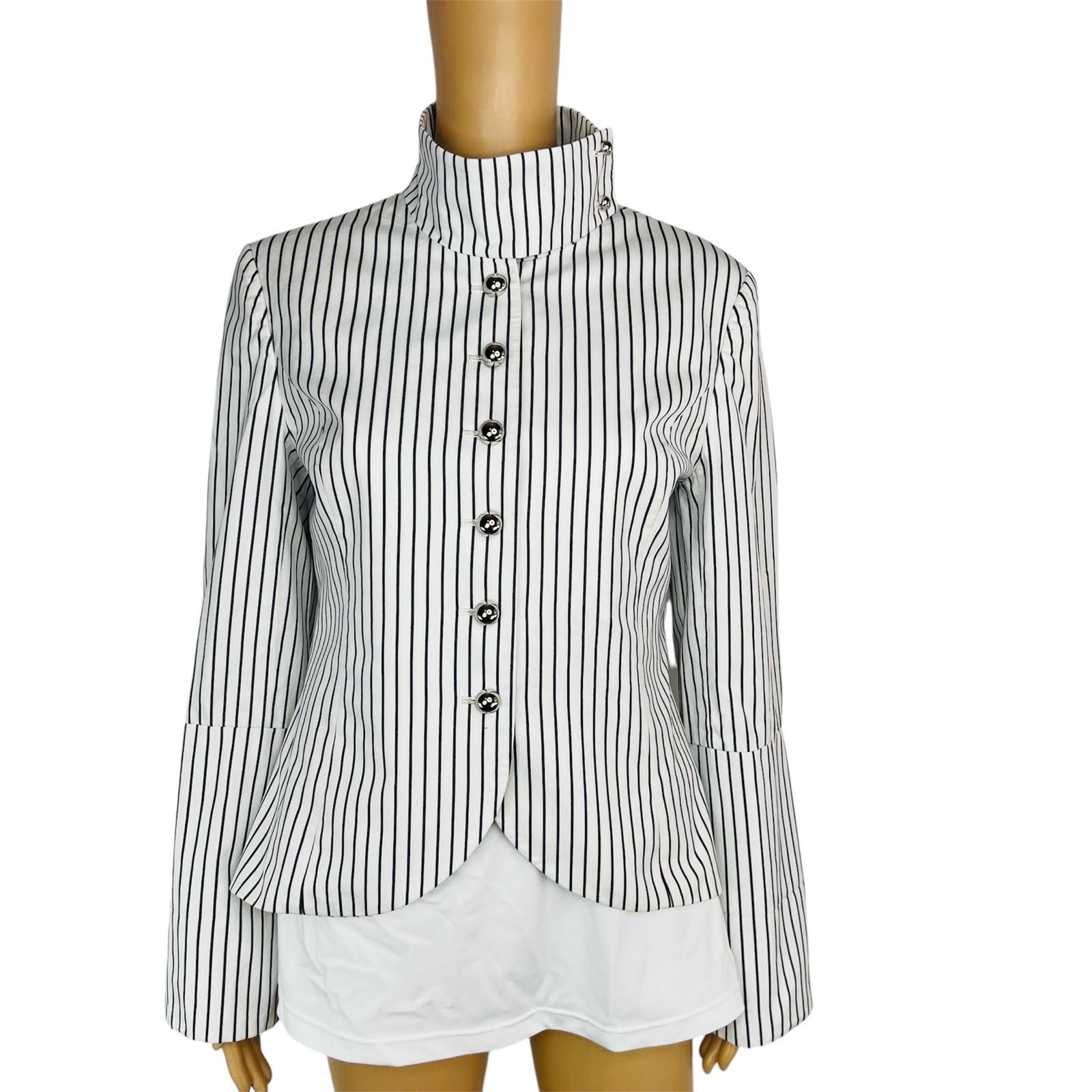 Jenni Kayne Cotton Blazer Jacket 10 Black White Striped Stand Up Collar Luxury