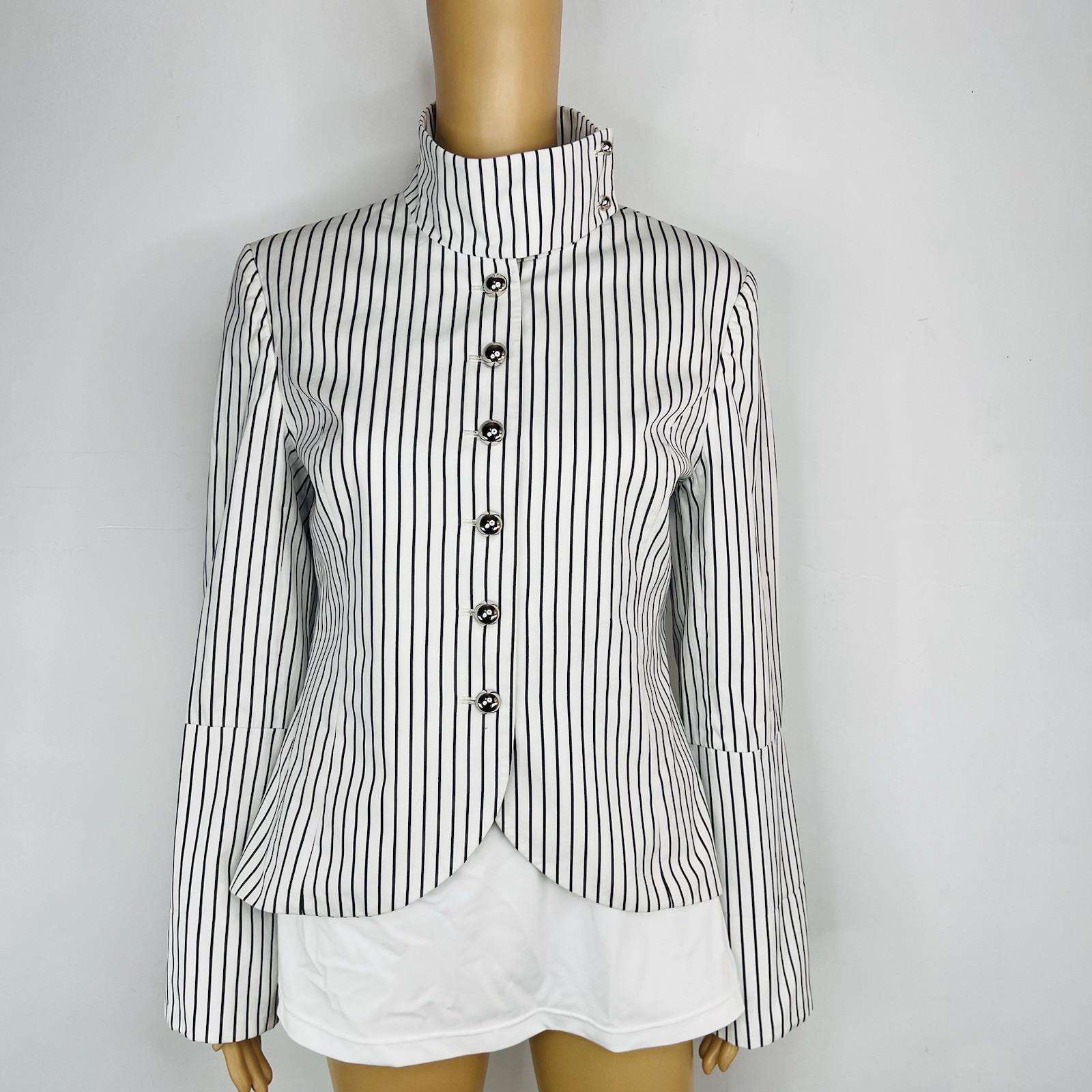Jenni Kayne Cotton Blazer Jacket 10 Black White Striped Stand Up Collar Luxury