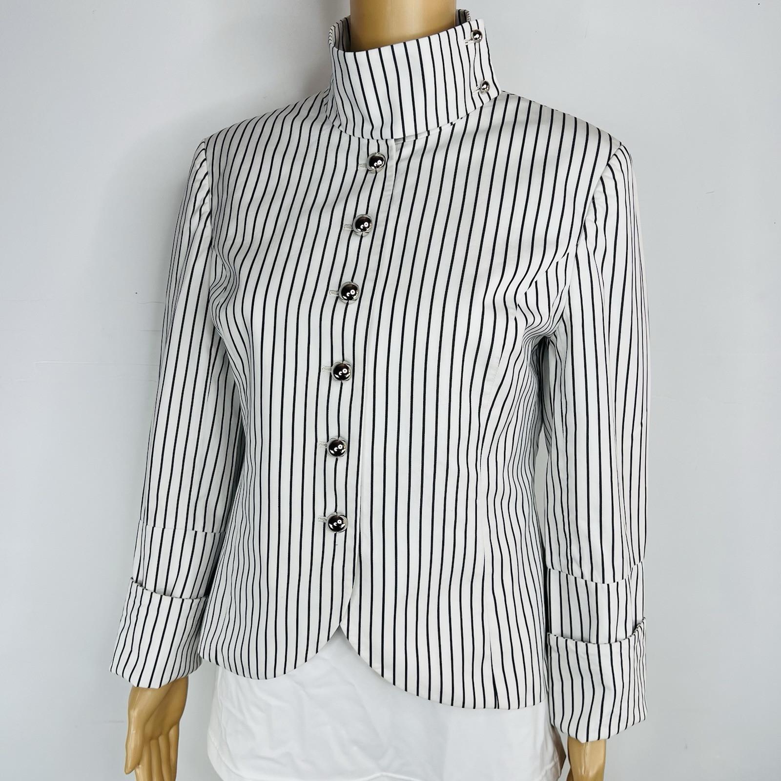 Jenni Kayne Cotton Blazer Jacket 10 Black White Striped Stand Up Collar Luxury