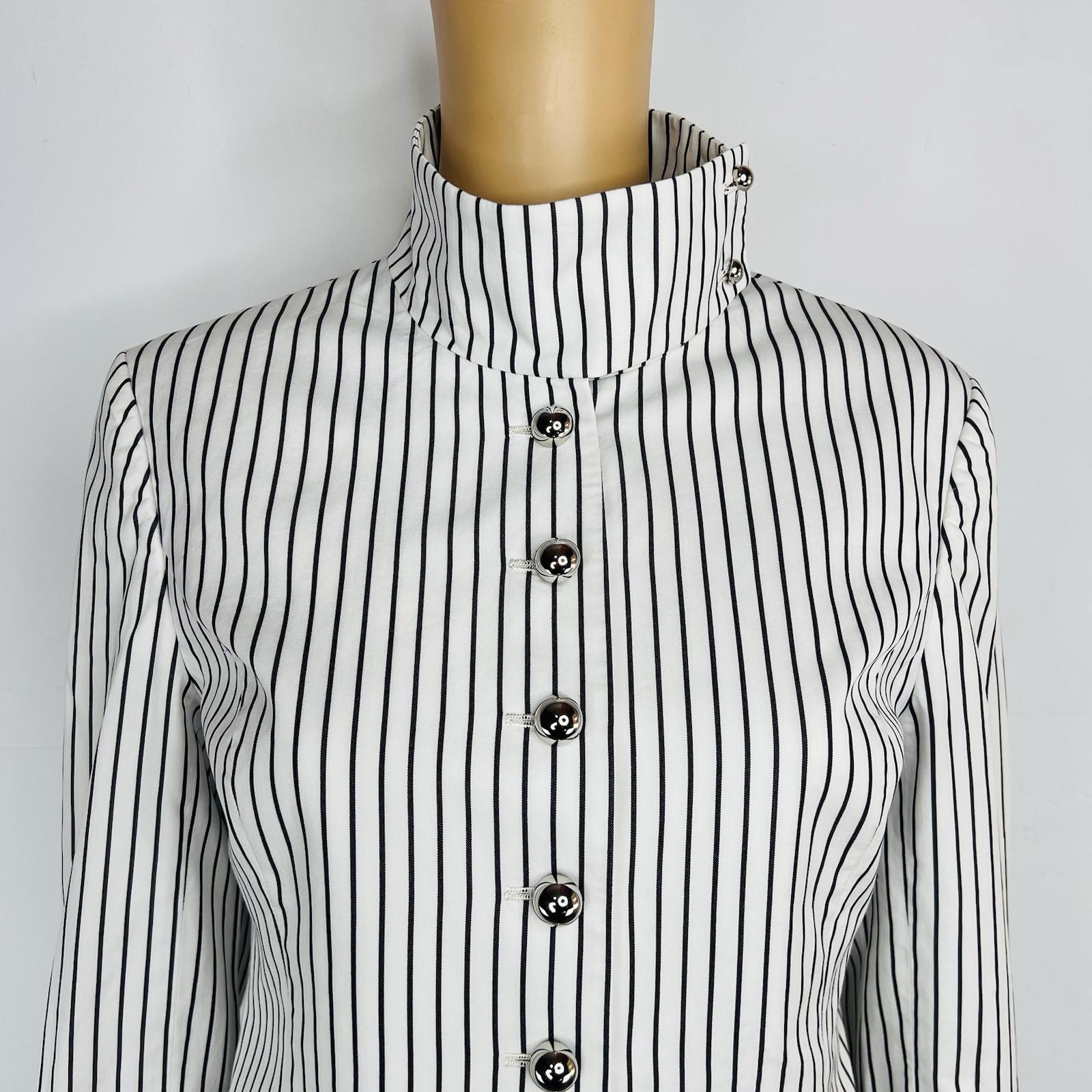 Jenni Kayne Cotton Blazer Jacket 10 Black White Striped Stand Up Collar Luxury