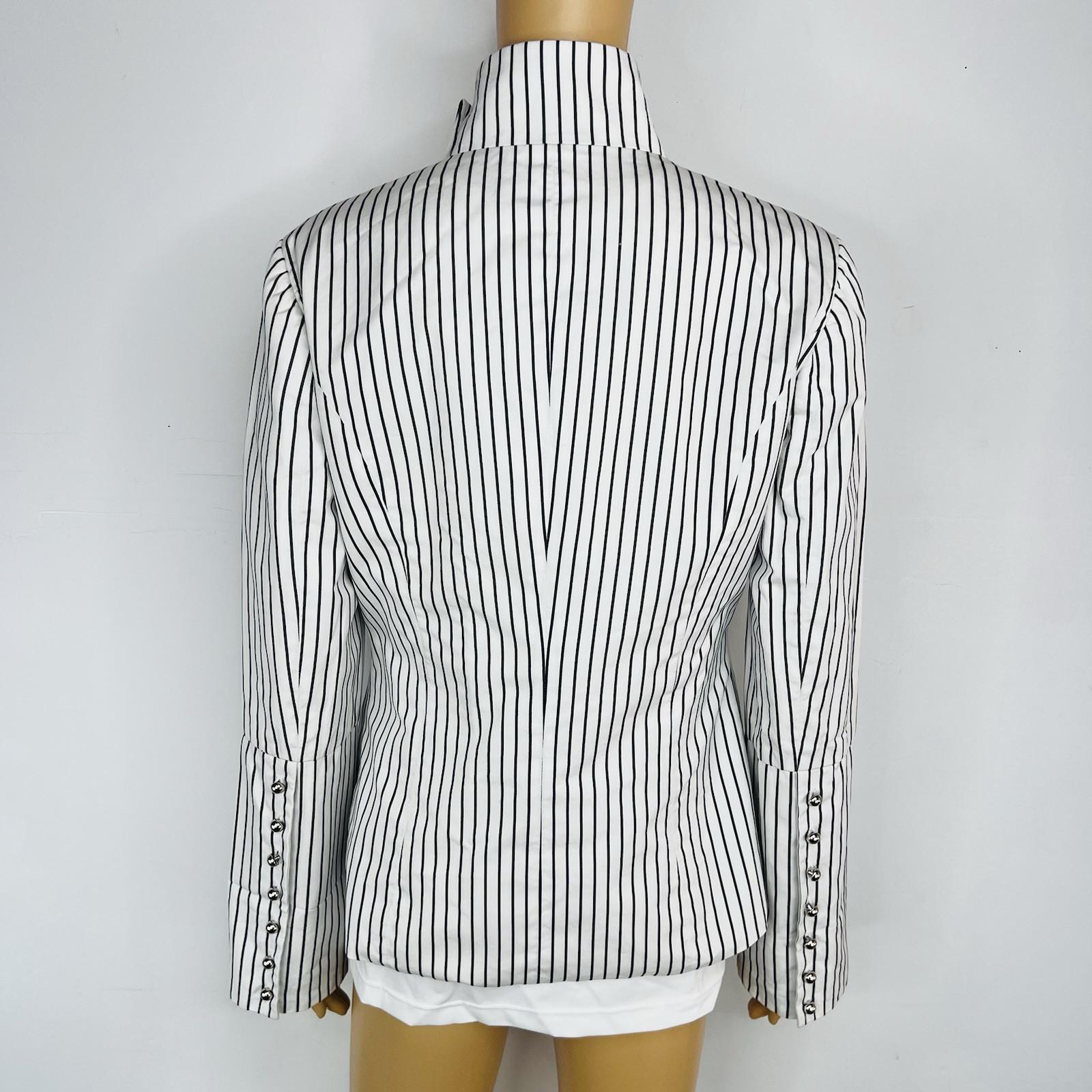 Jenni Kayne Cotton Blazer Jacket 10 Black White Striped Stand Up Collar Luxury