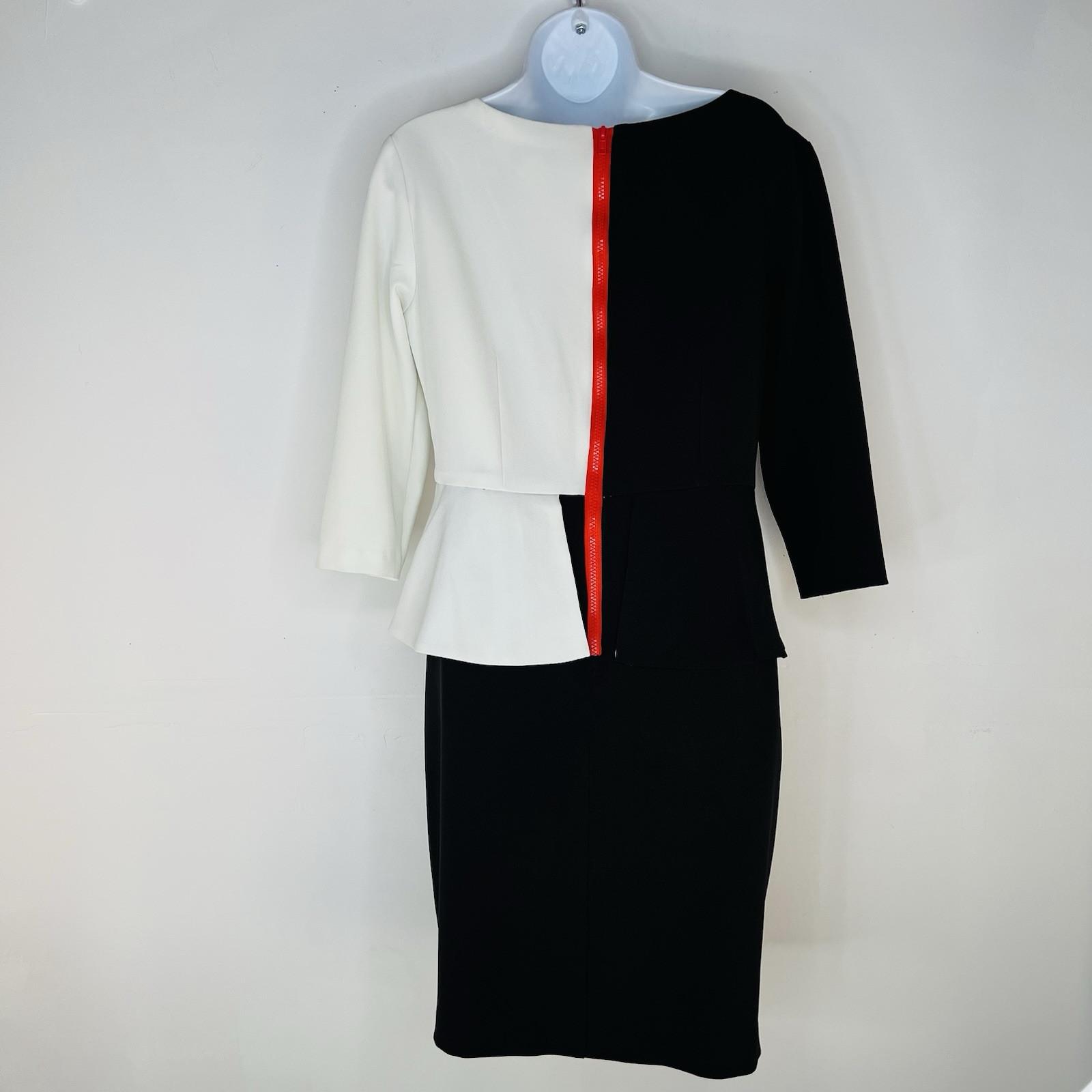 Madison Leigh Polyester Spandex Dress 8P Black White Tiered 3/4 Sleeve Long Zip