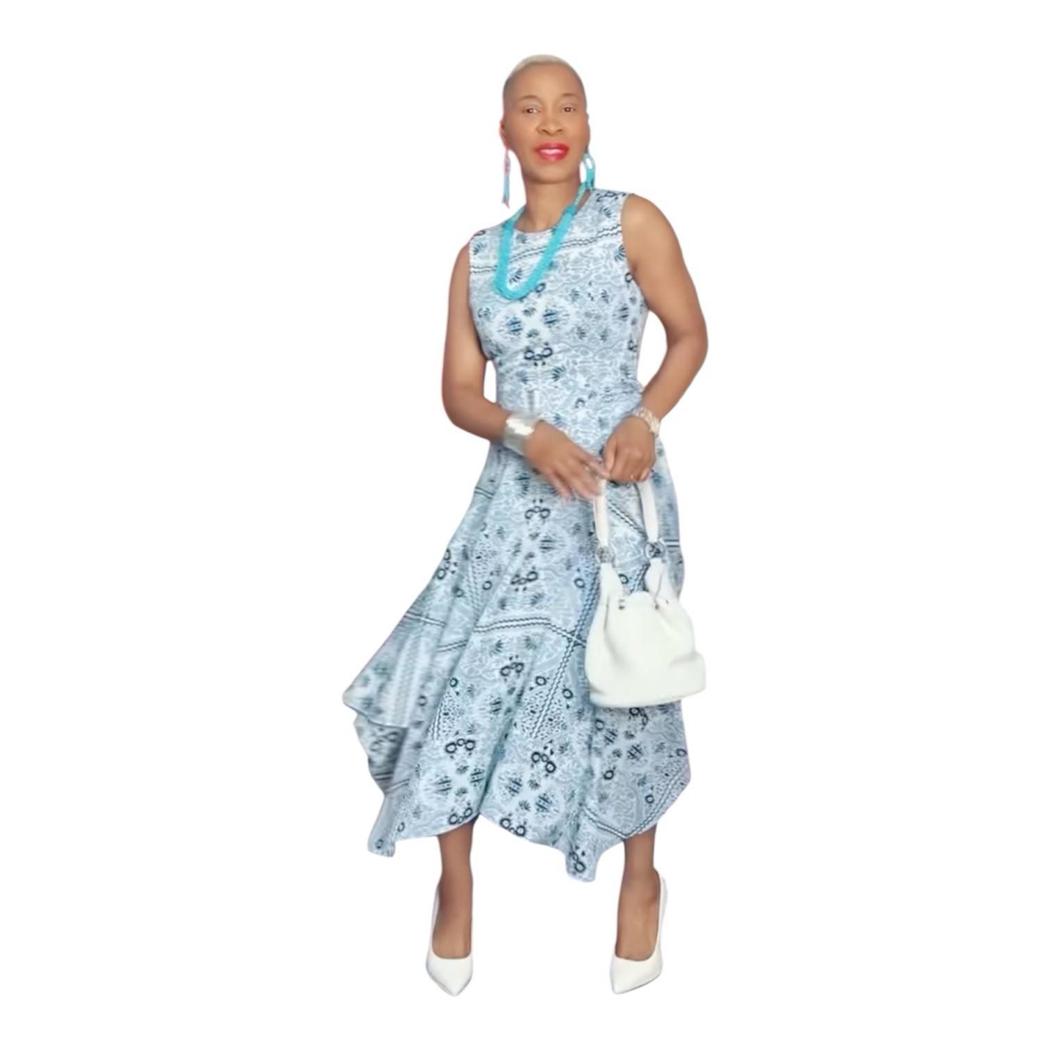 Calvin Klein Women Midi Dress Size 10 Fit Flare Blue Handkerchief Hem Belted