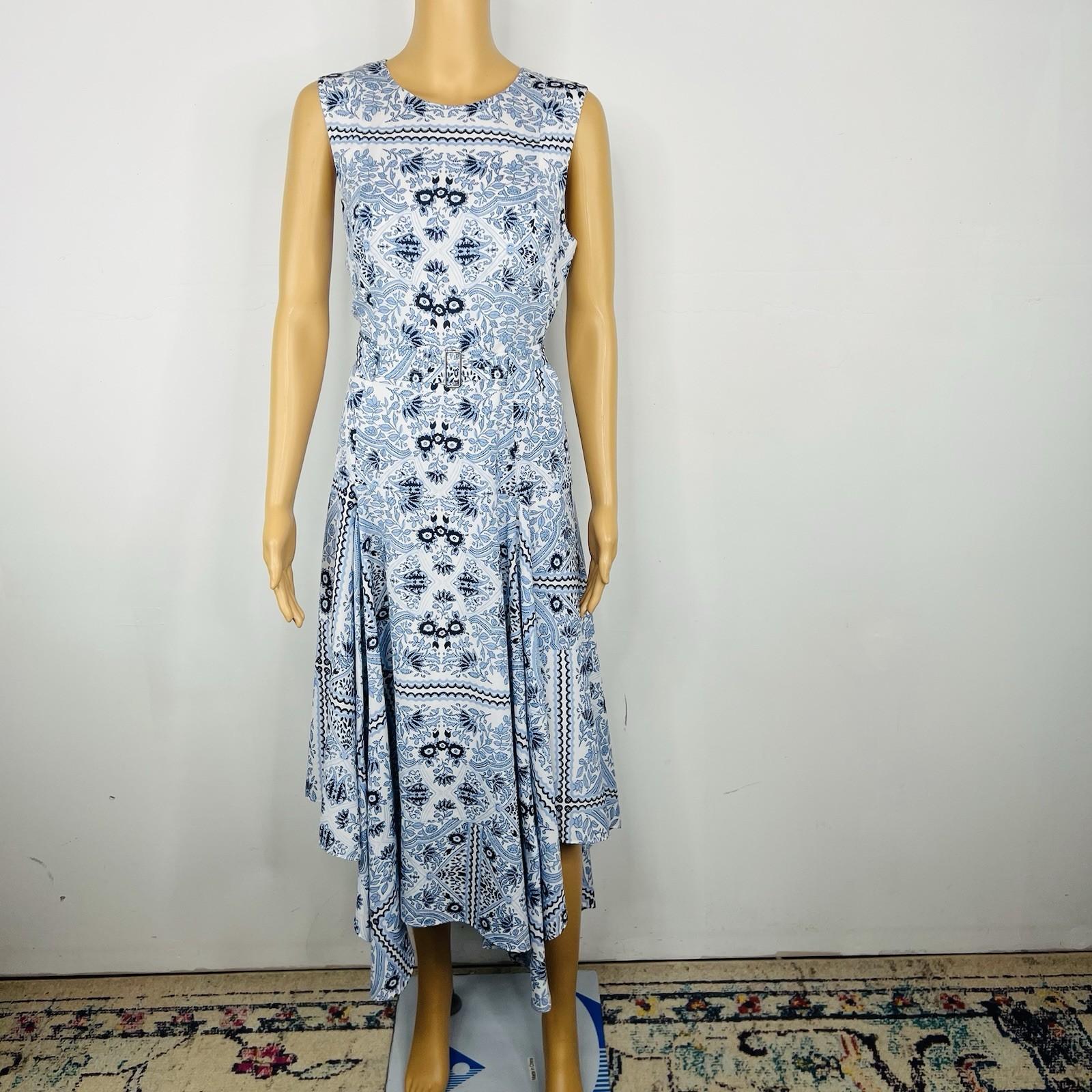 Calvin Klein Women Midi Dress Size 10 Fit Flare Blue Handkerchief Hem Belted