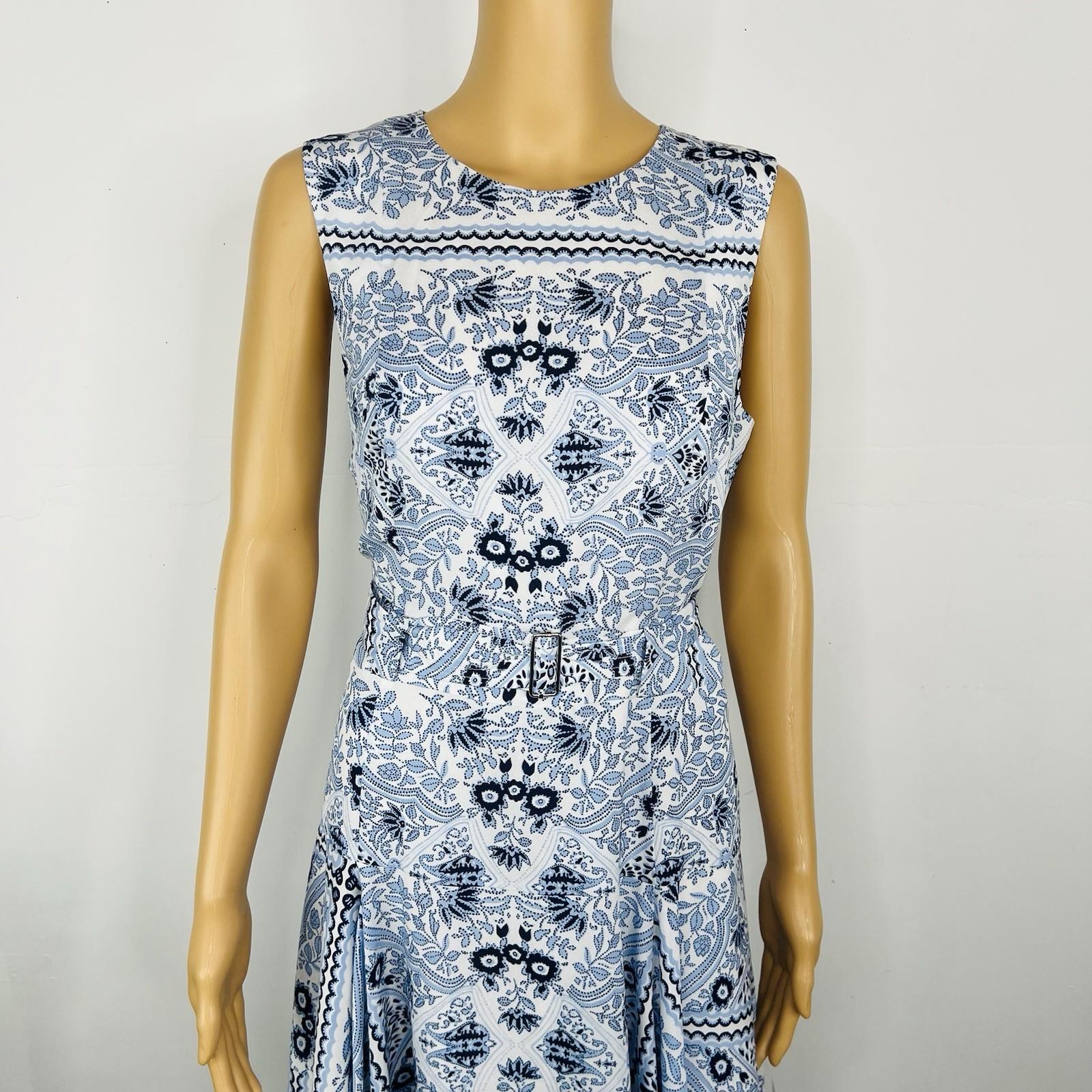 Calvin Klein Women Midi Dress Size 10 Fit Flare Blue Handkerchief Hem Belted