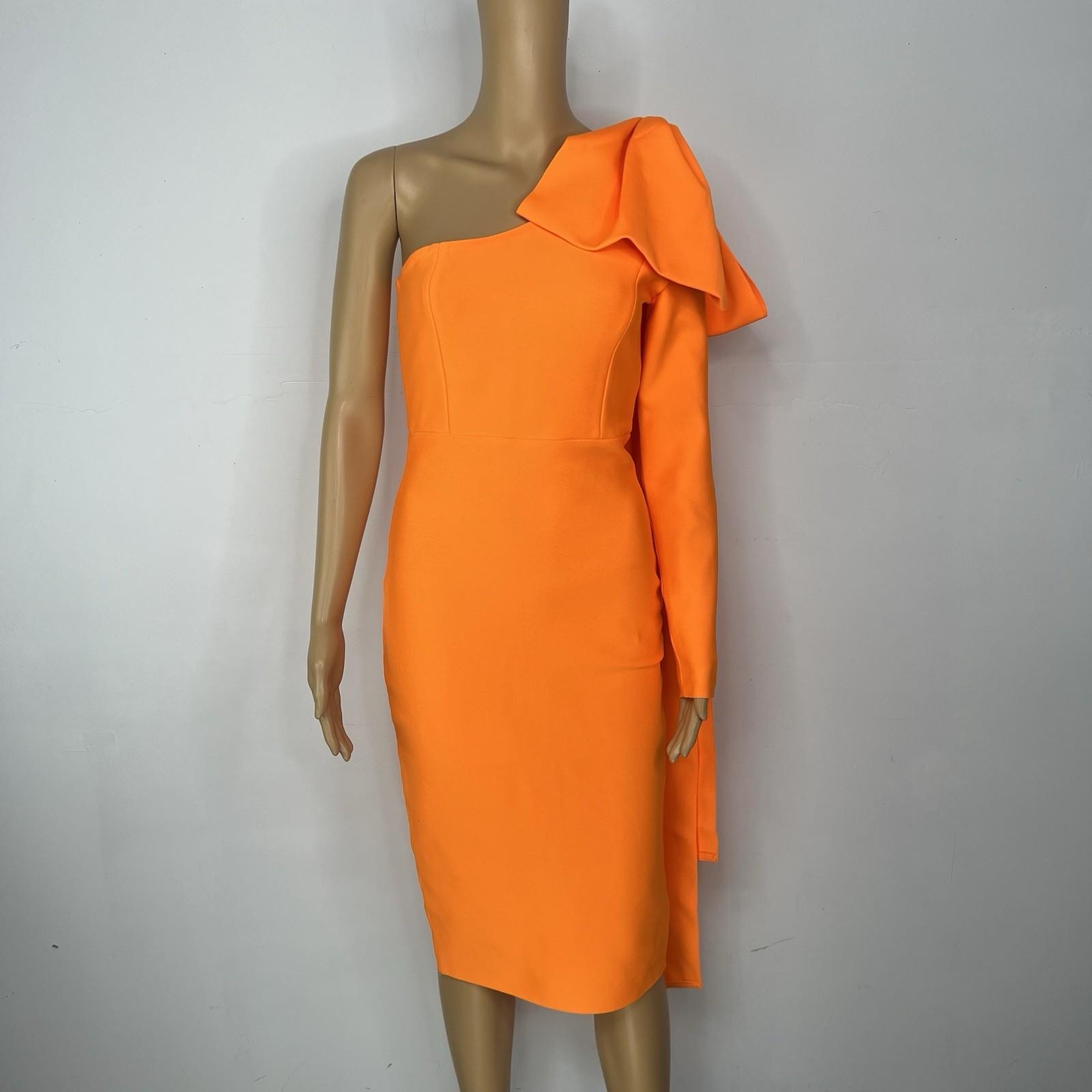 Stunning Bodycon Dress Size S/M One Shoulder Bandage Orange Bowknot Full Zip