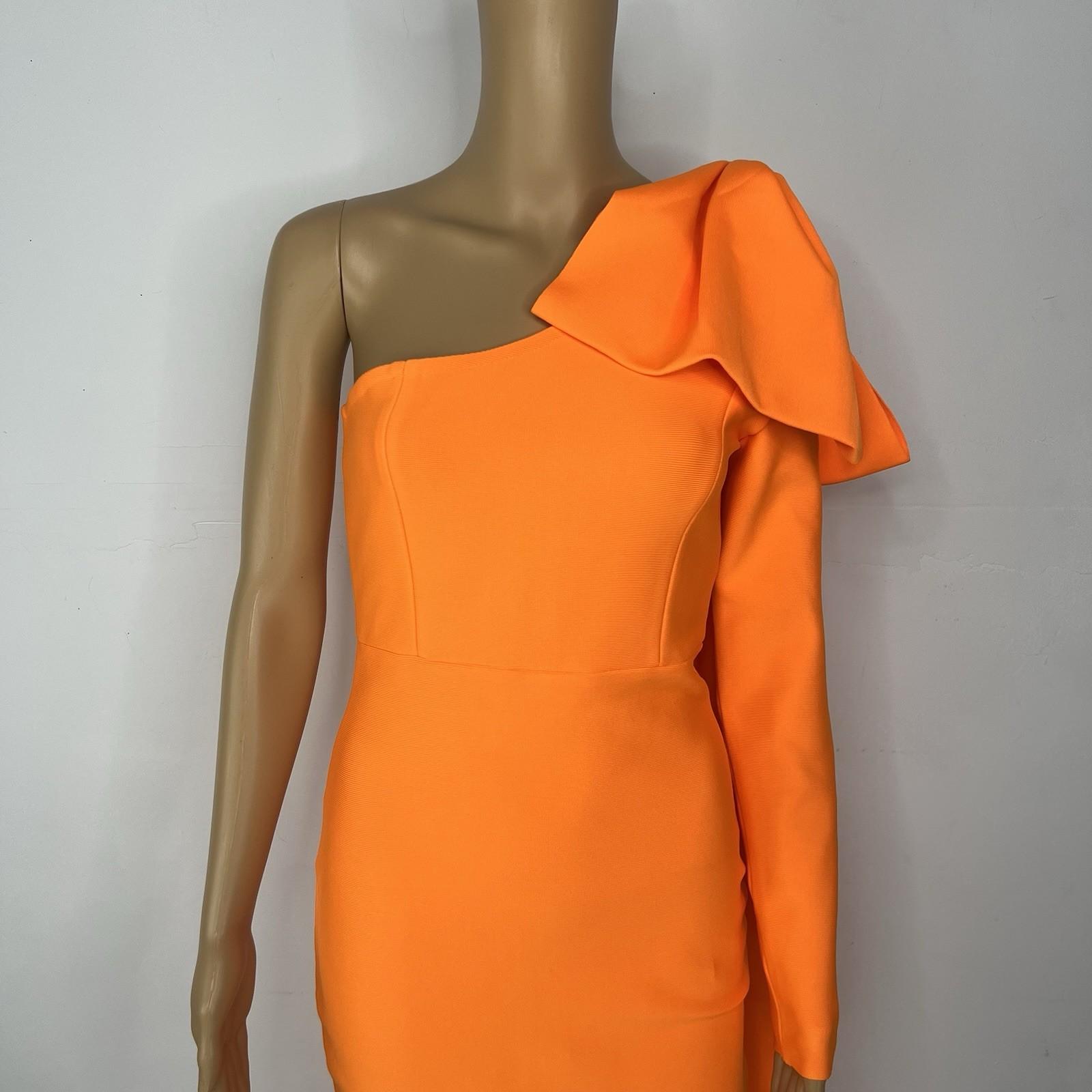 Stunning Bodycon Dress Size S/M One Shoulder Bandage Orange Bowknot Full Zip