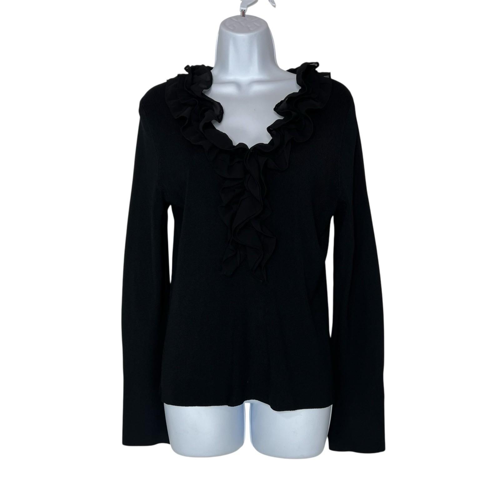 Oscar De La Renta Rayon Knit Sweater Size L Ruffled Top Long Sleeve Black