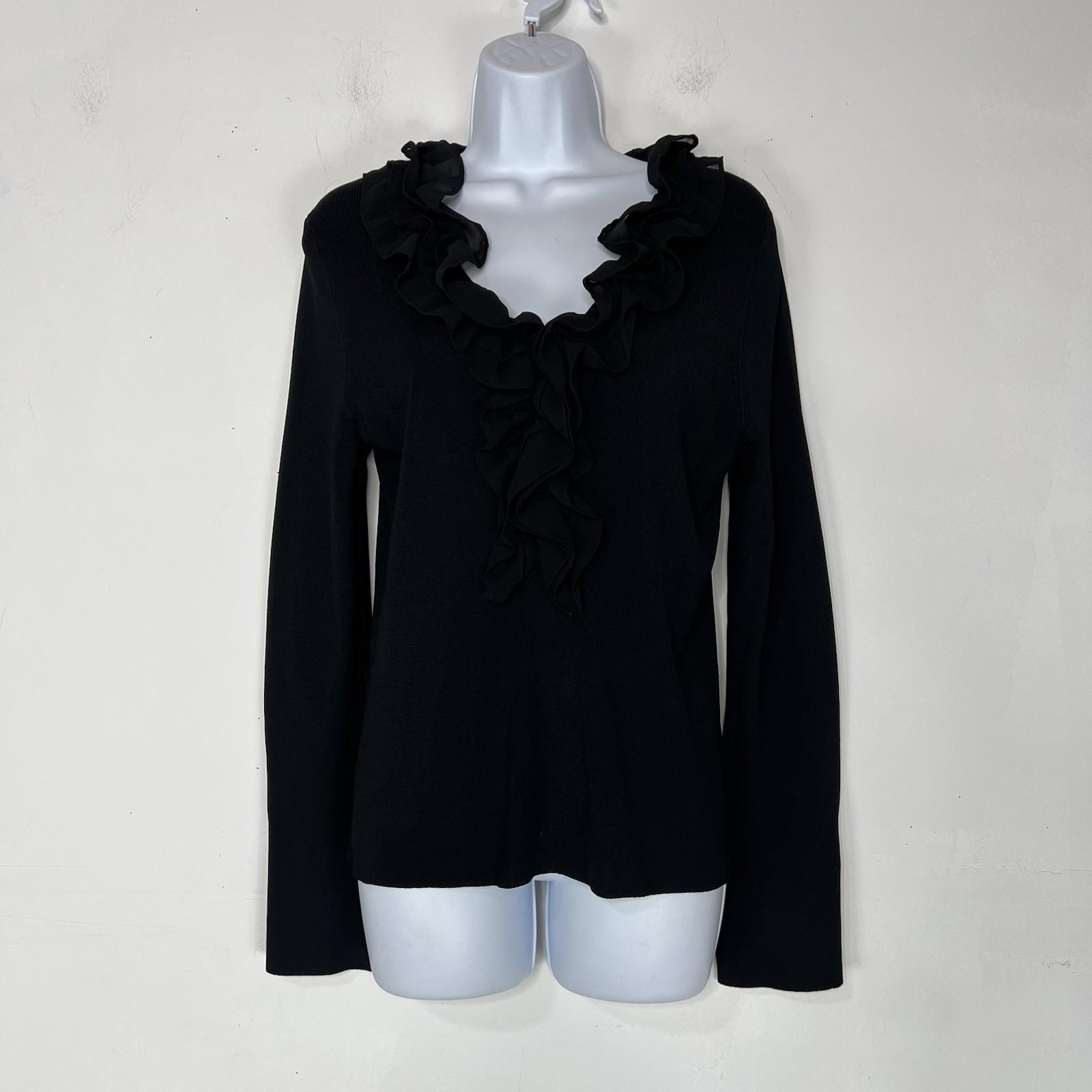 Oscar De La Renta Rayon Knit Sweater Size L Ruffled Top Long Sleeve Black