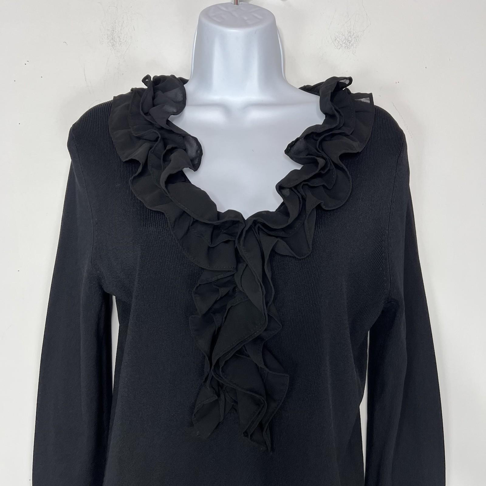 Oscar De La Renta Rayon Knit Sweater Size L Ruffled Top Long Sleeve Black