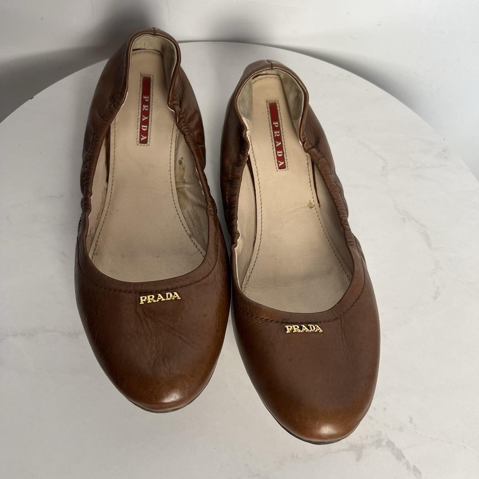 Prada Women Brown Leather Ballet Size 40/ US 9 Slip On Shoes